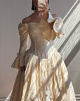 Vintage 90s Silk Dupion Off Shoulder Rosette Bridal Ballgown