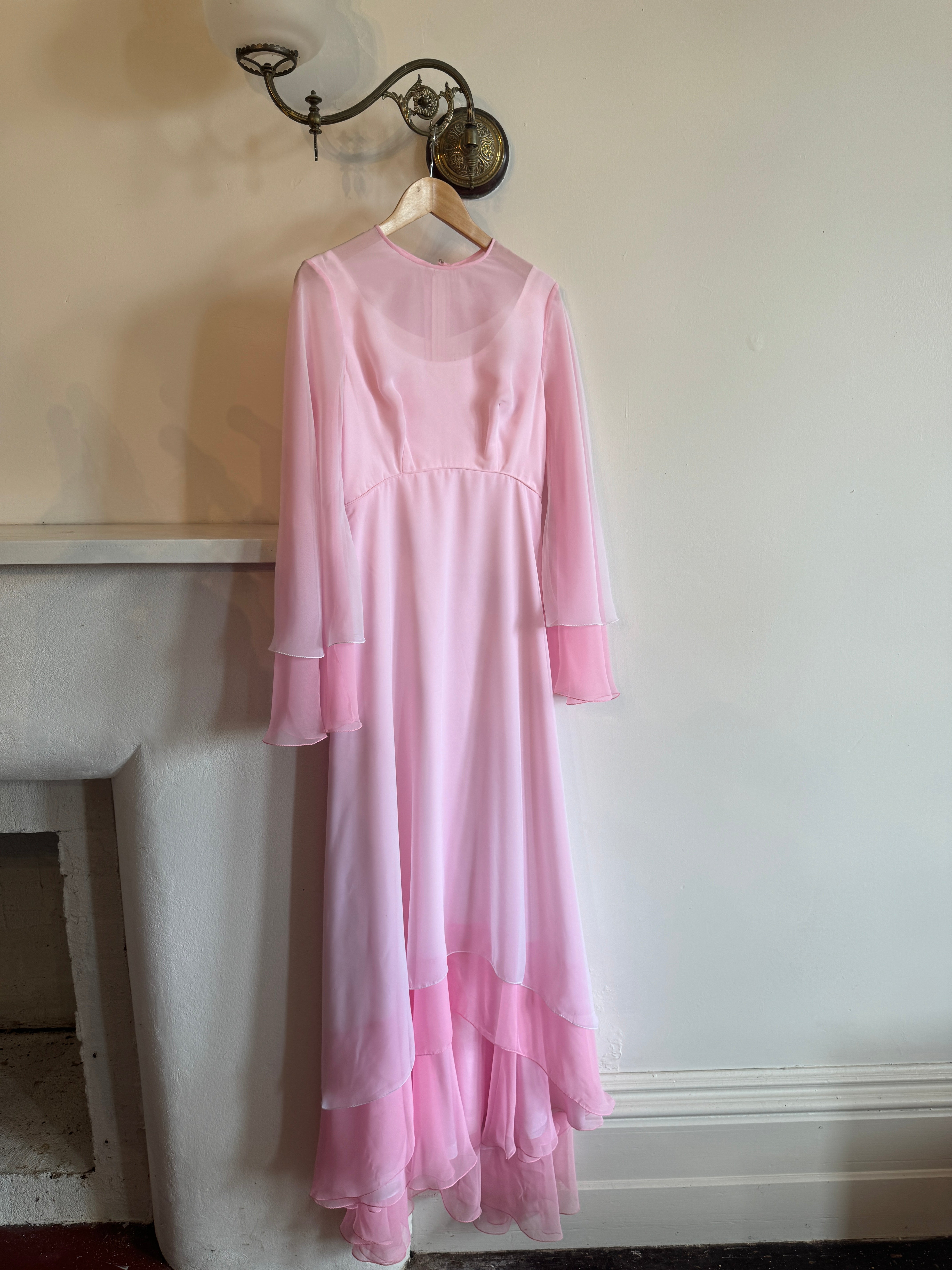 Vintage 70s Pink Tiered Waterfall Gown