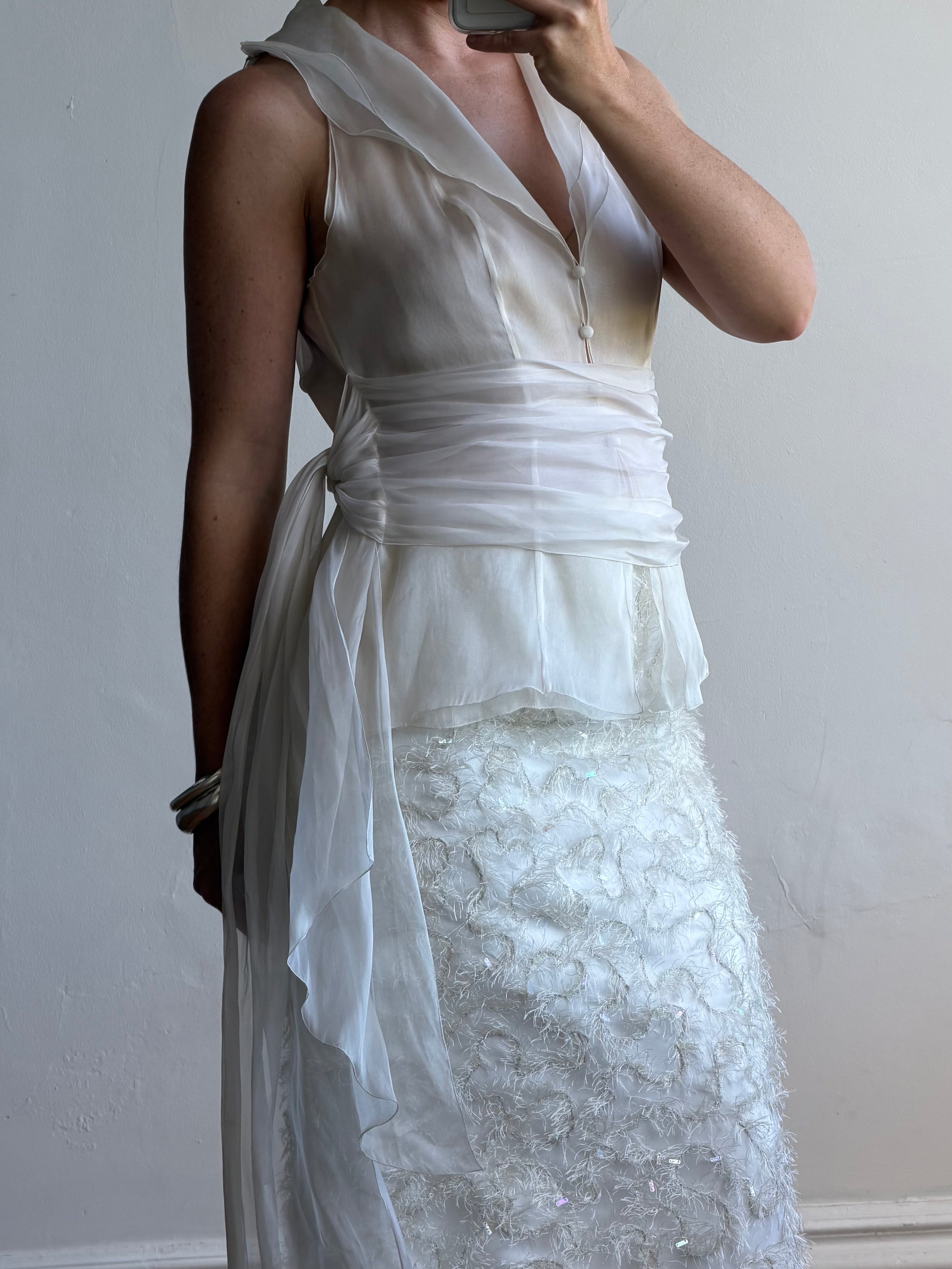 Vintage 90s Italian Organza Tie Top and Feather Skirt Bridal Set