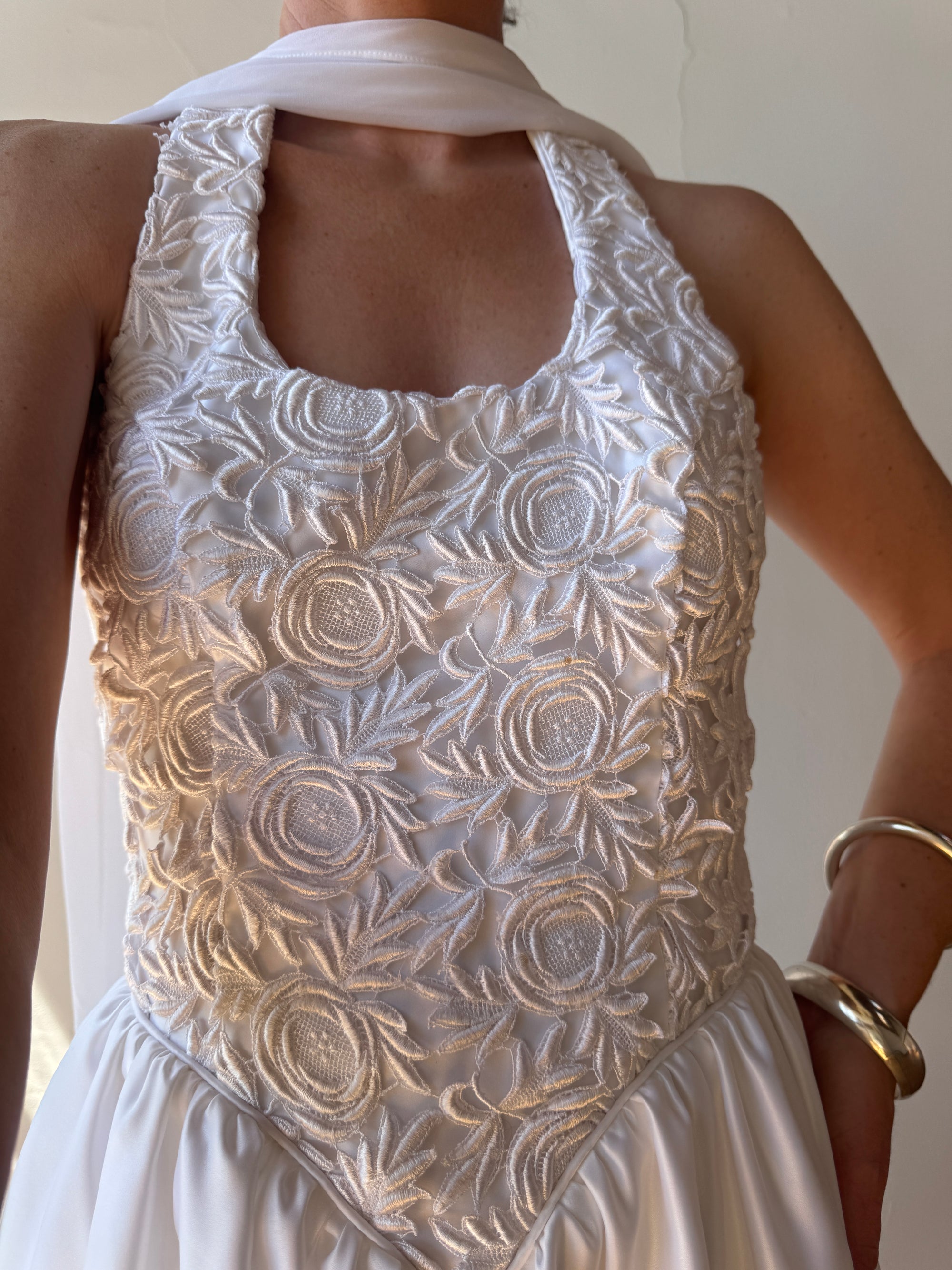 Vintage 90s Australian Made Lace Halter Satin Wedding Dress