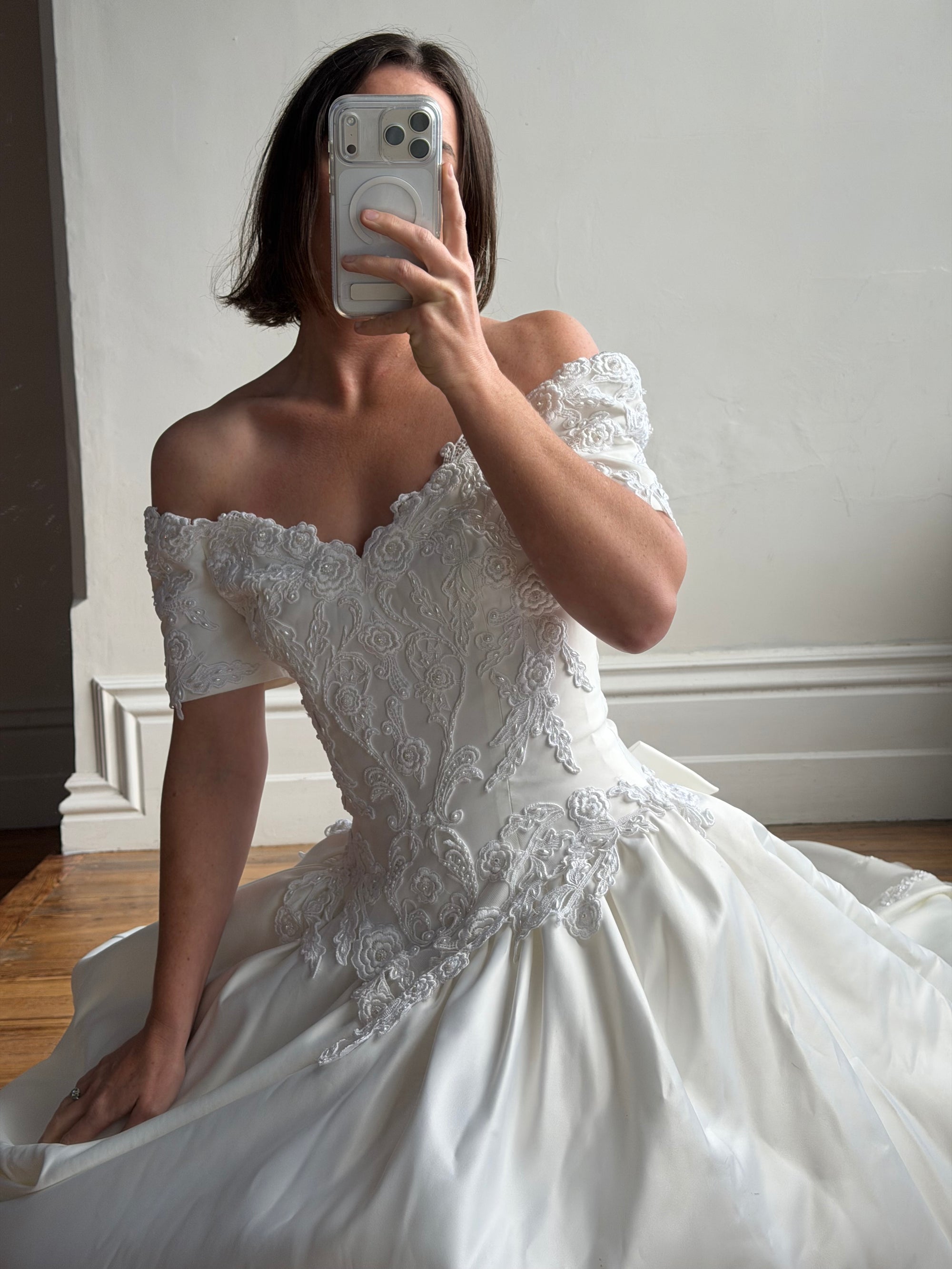 Vintage 90s Embellished Off Shoulder Satin Wedding Gown