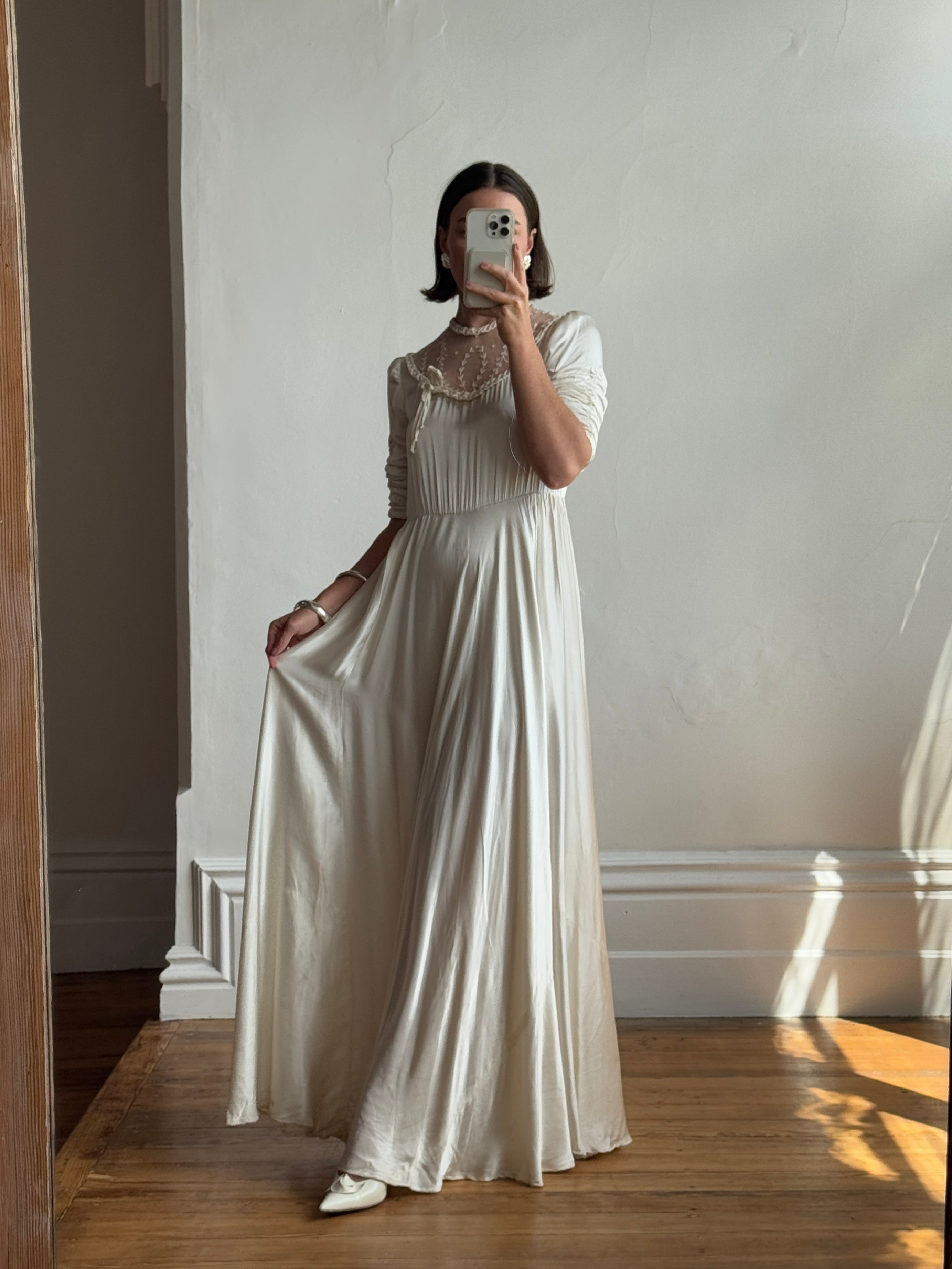 Vintage 50s Liquid Satin Wedding Dress With Lace