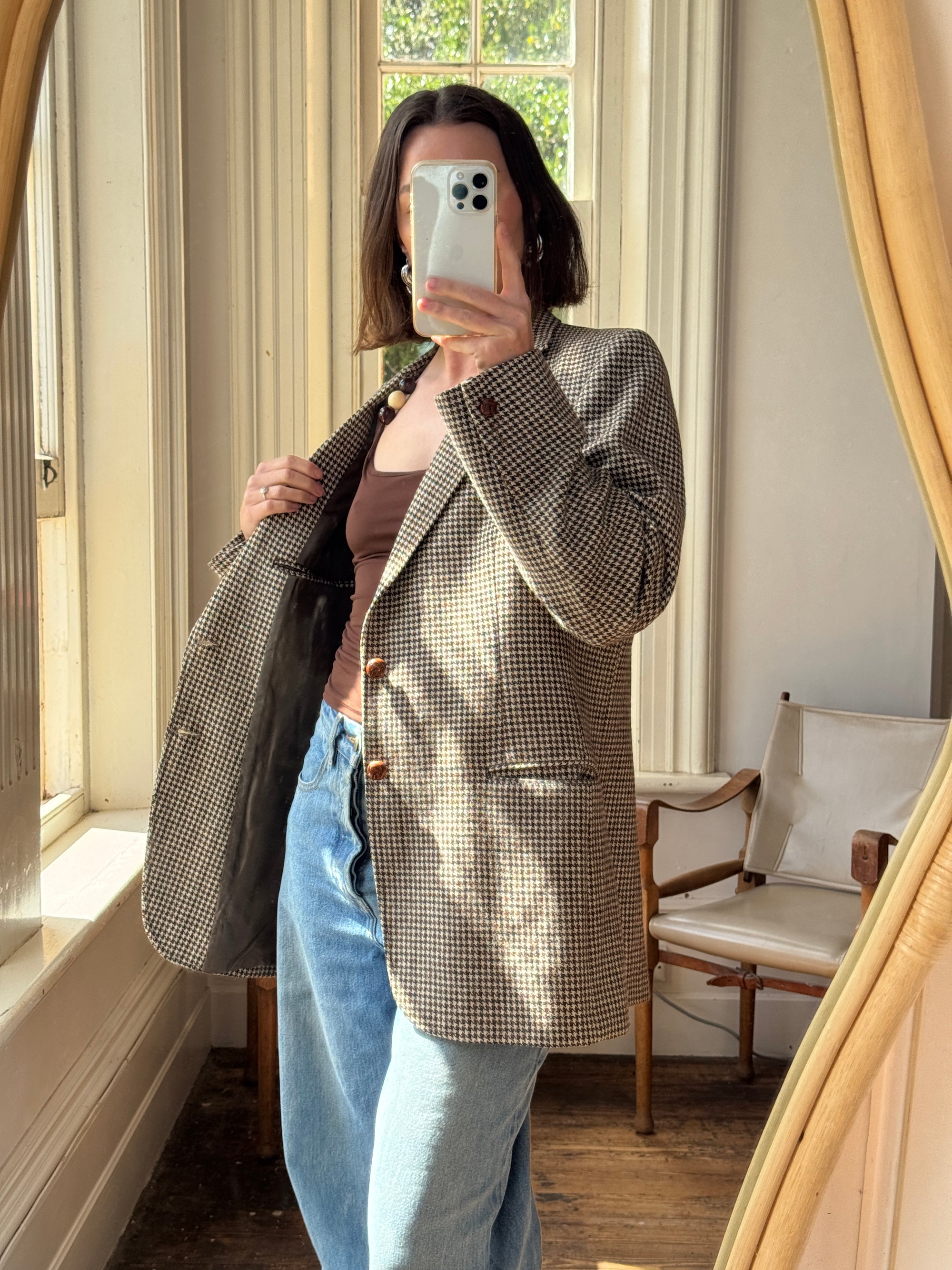 Vintage 60s Wool Blend Brown Herringbone Blazer