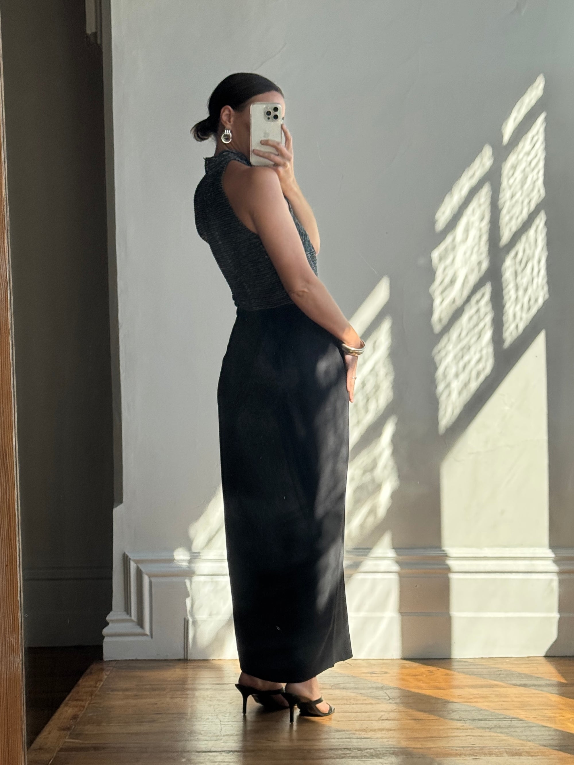 Vintage 70s High Neck Silver Lurex Evening Gown Noir