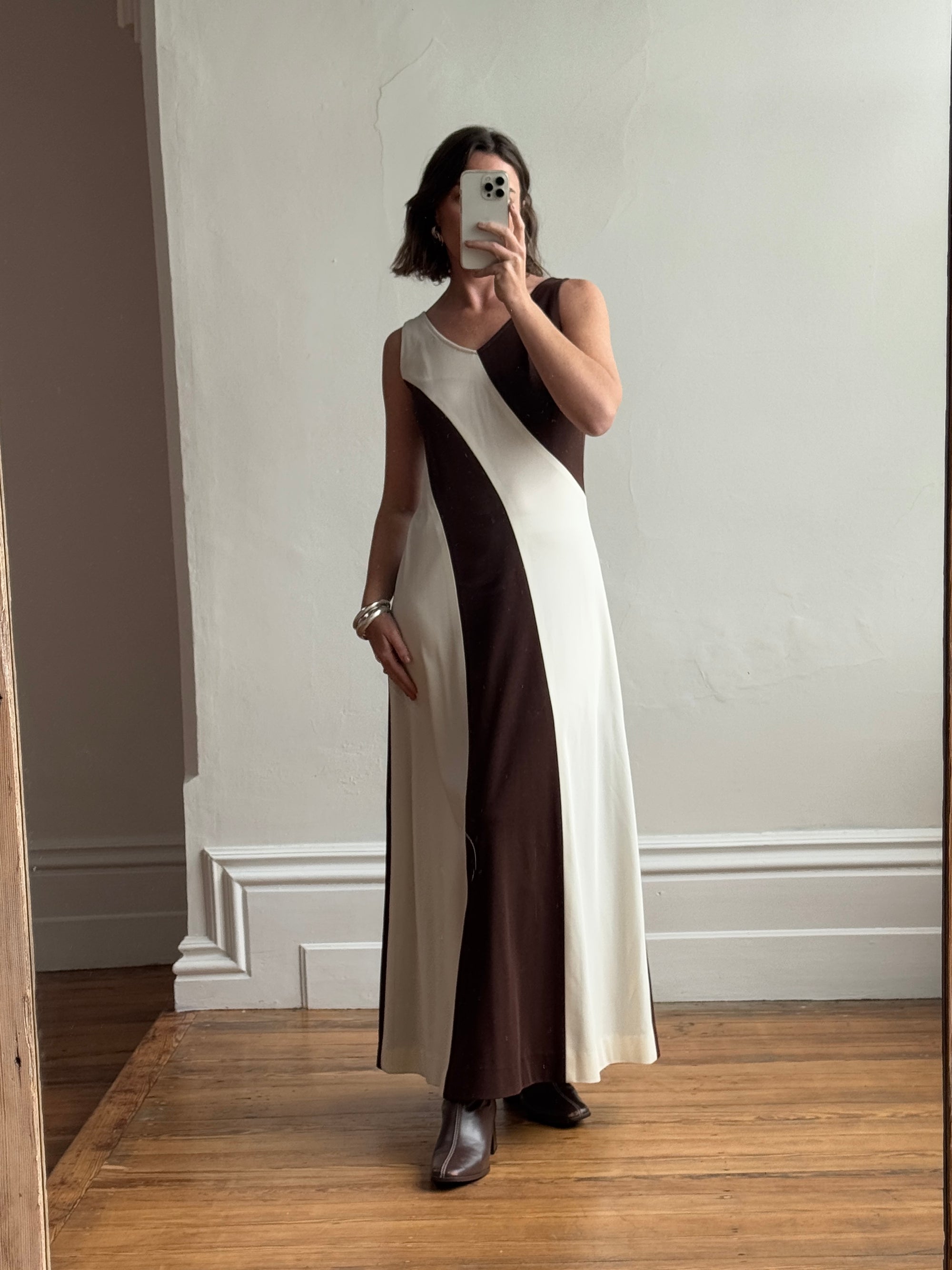 Vintage 60s Chocolate Swirl Jersey Maxi Dress