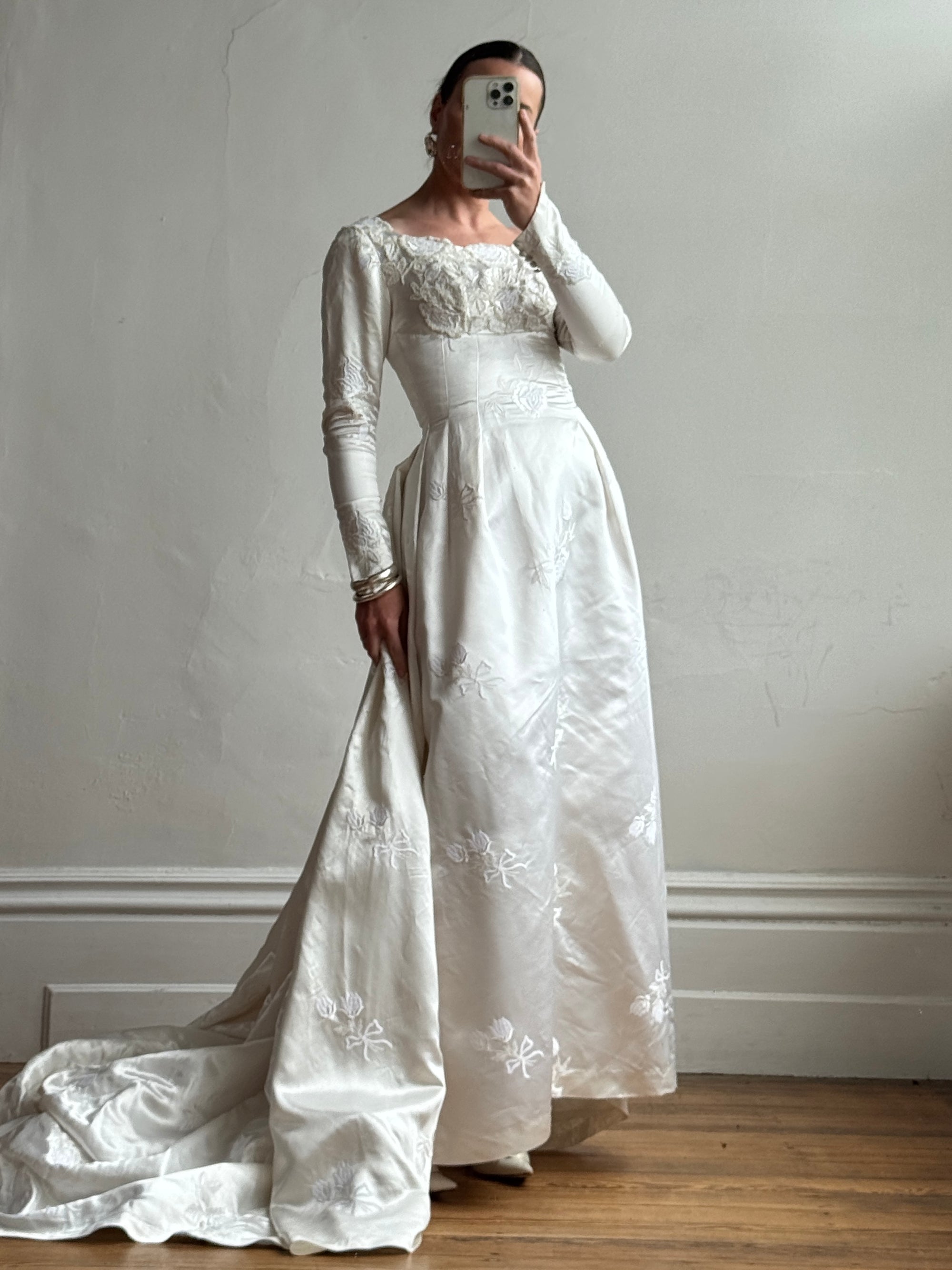 Vintage 60s Satin Jacquard Embellished Wedding Gown Ivory