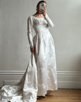 Vintage 60s Satin Jacquard Embellished Wedding Gown Ivory
