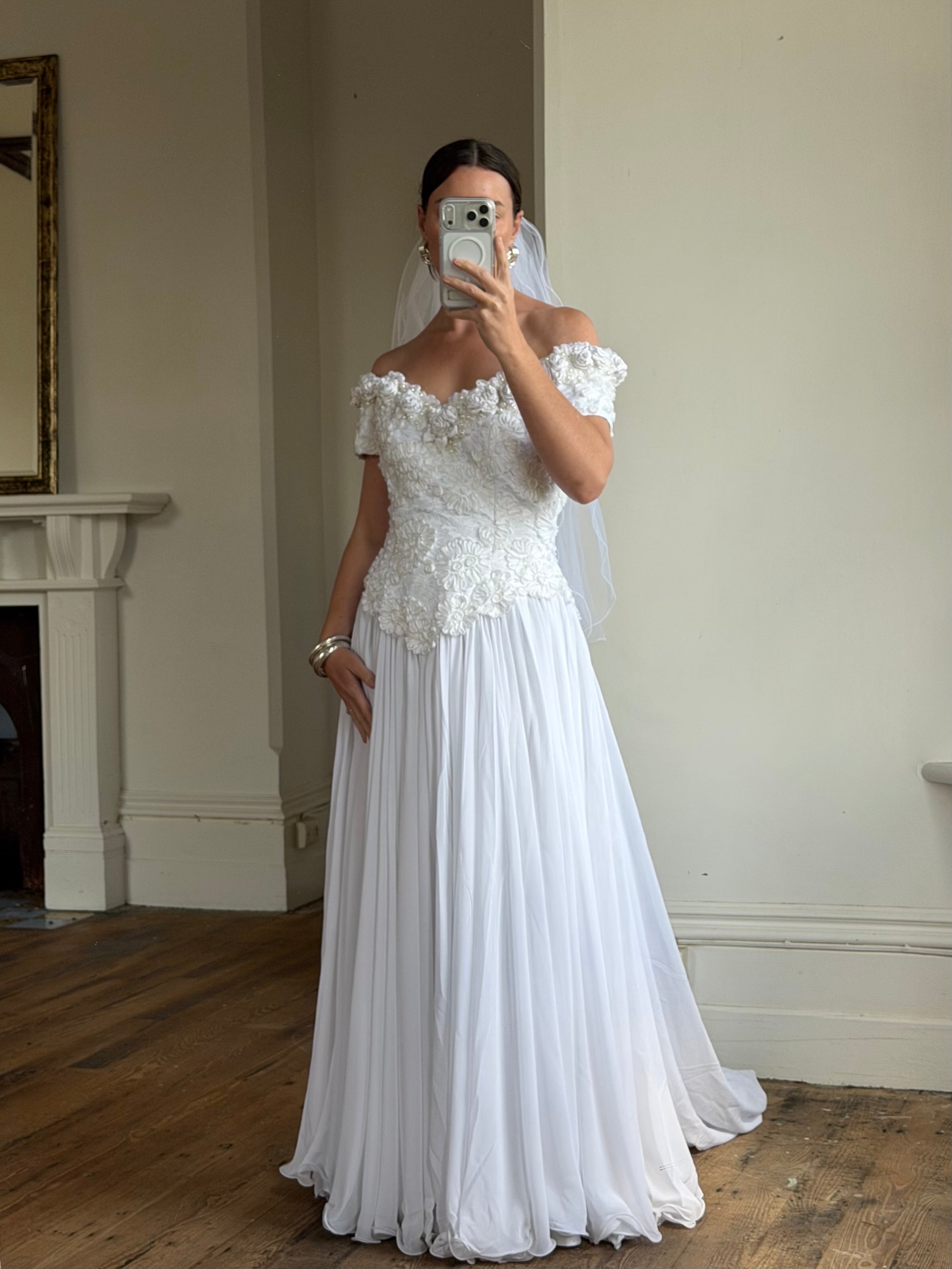 Vintage 80s 3D Floral Off Shoulder Bridal Gown and Veil