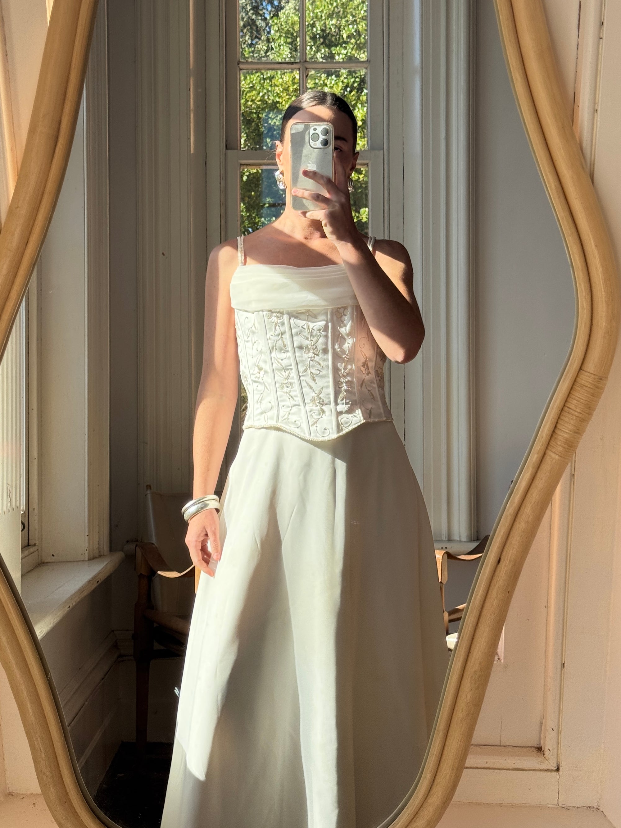 Vintage 90s Chiffon Jacquard Corset Embellishment Wedding Gown