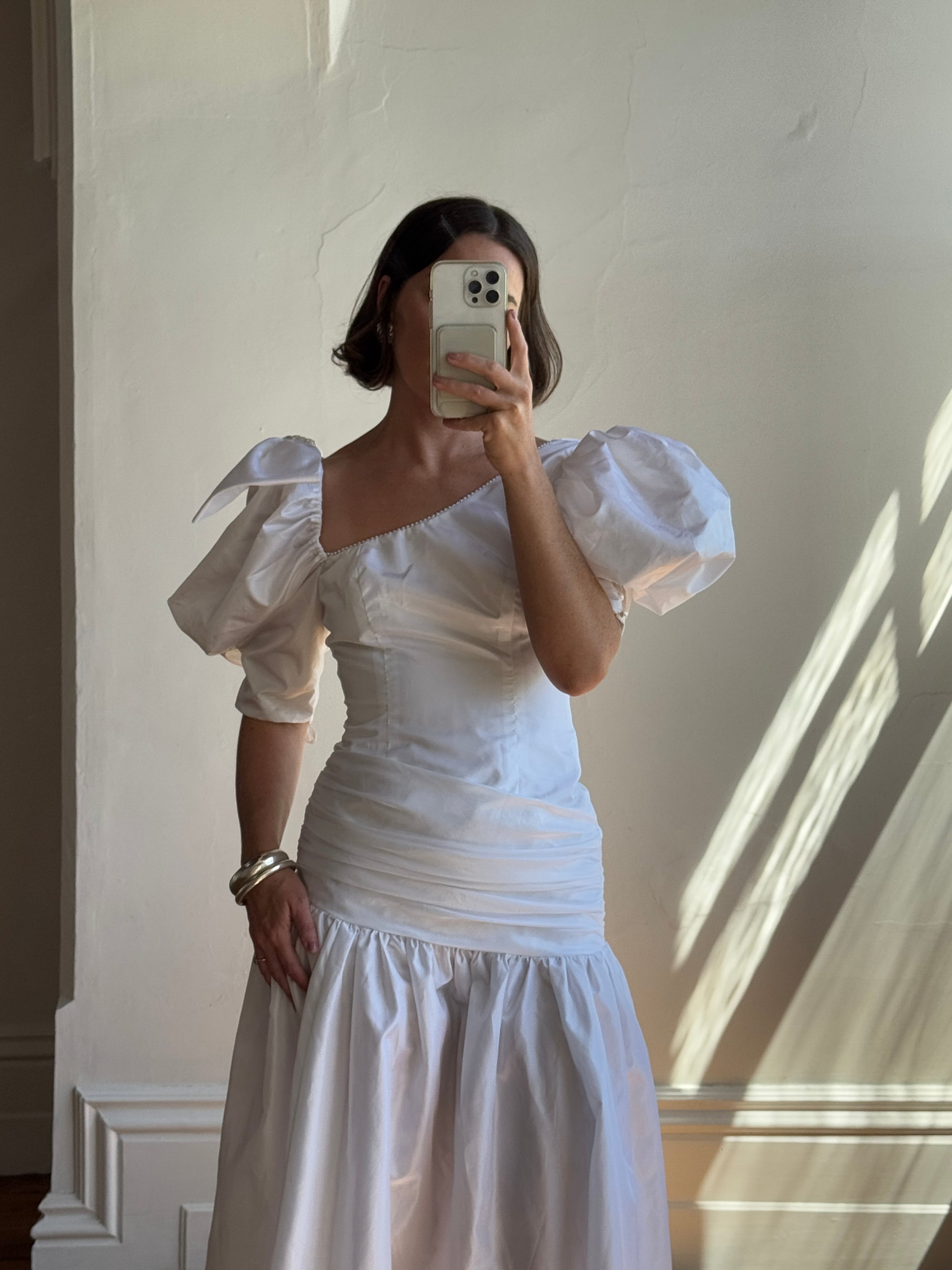 Vintage 80s Asymmetrical Taffeta Drop Waist Wedding Dress