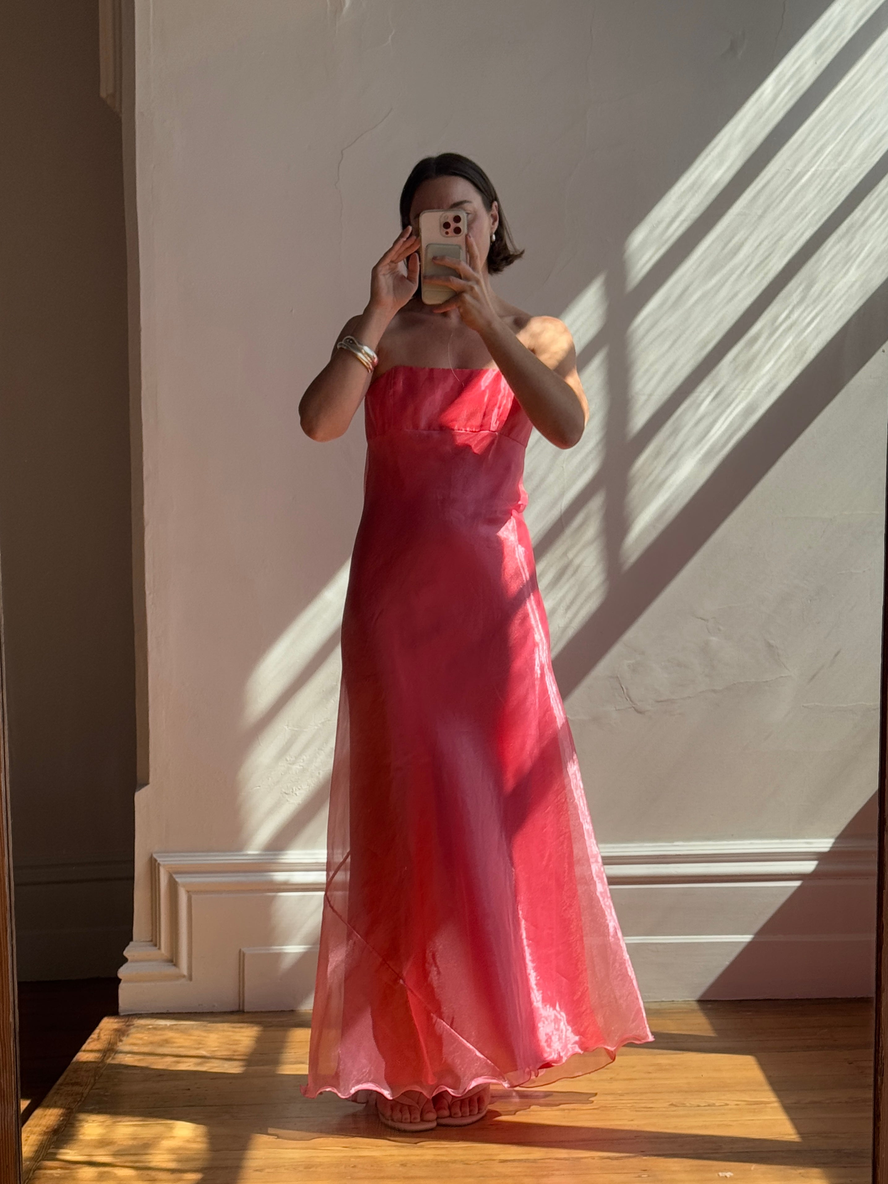 Vintage 90s Watermelon Shimmer Organza Strapless Gown