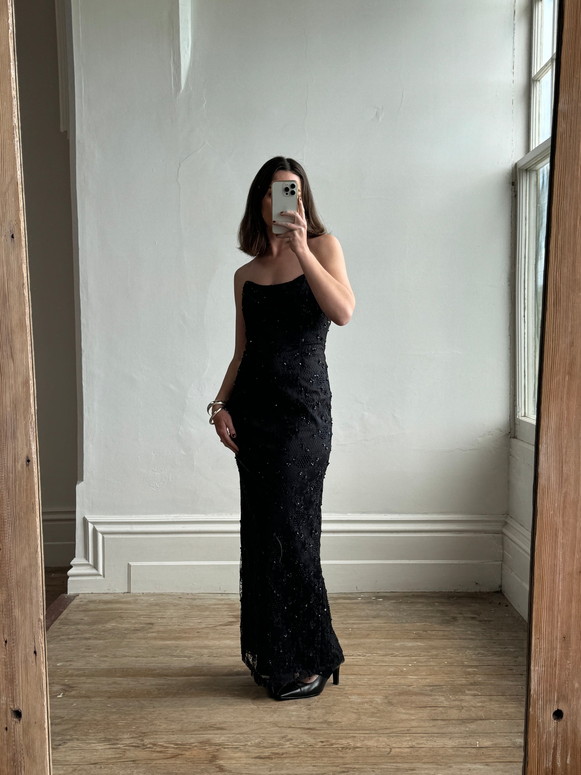 Vintage Australian Made 90s Strapless Beaded Lace Dress