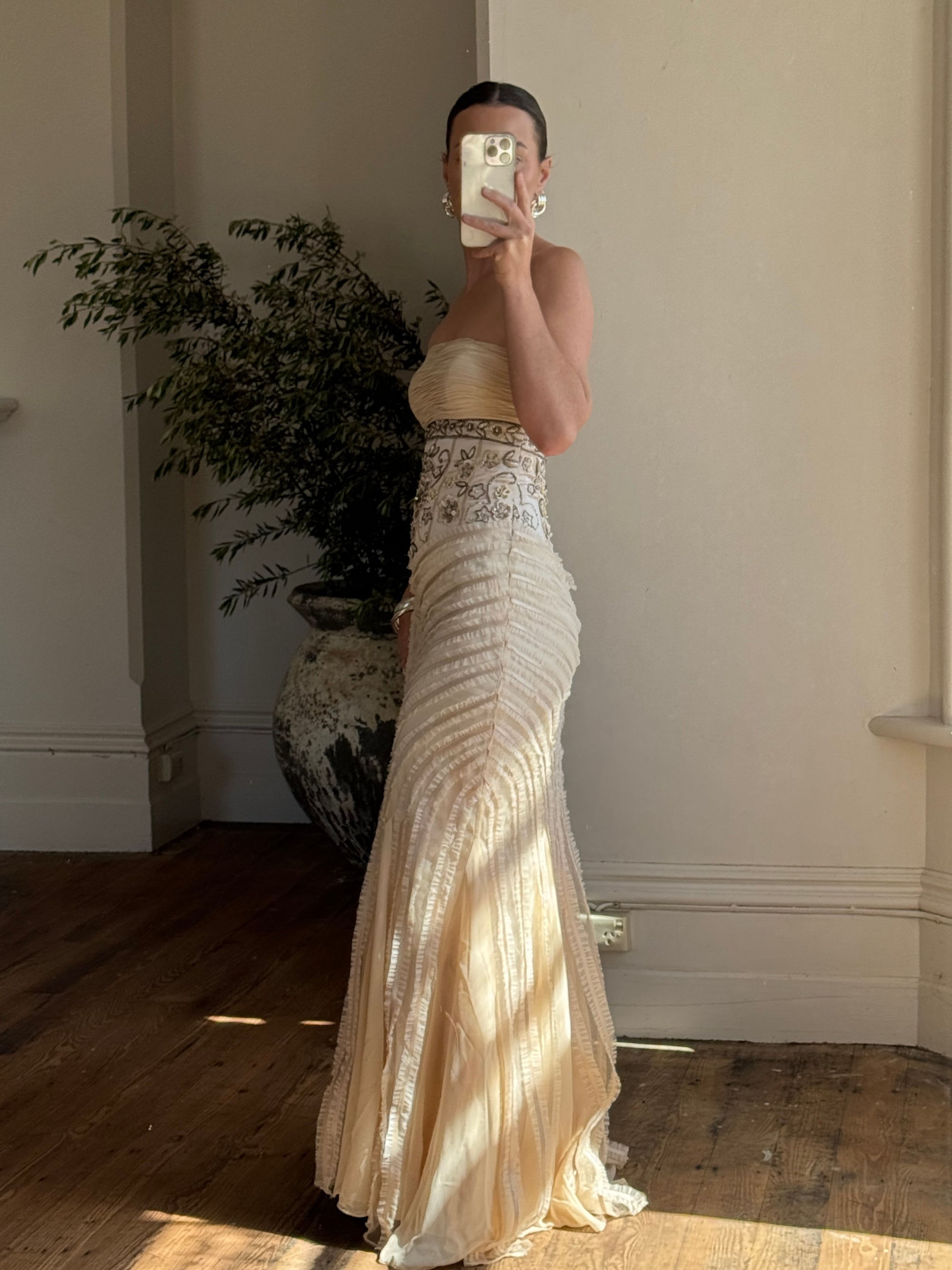 Vintage 90s Embroidered Waist Strapless Wedding Dress Creme