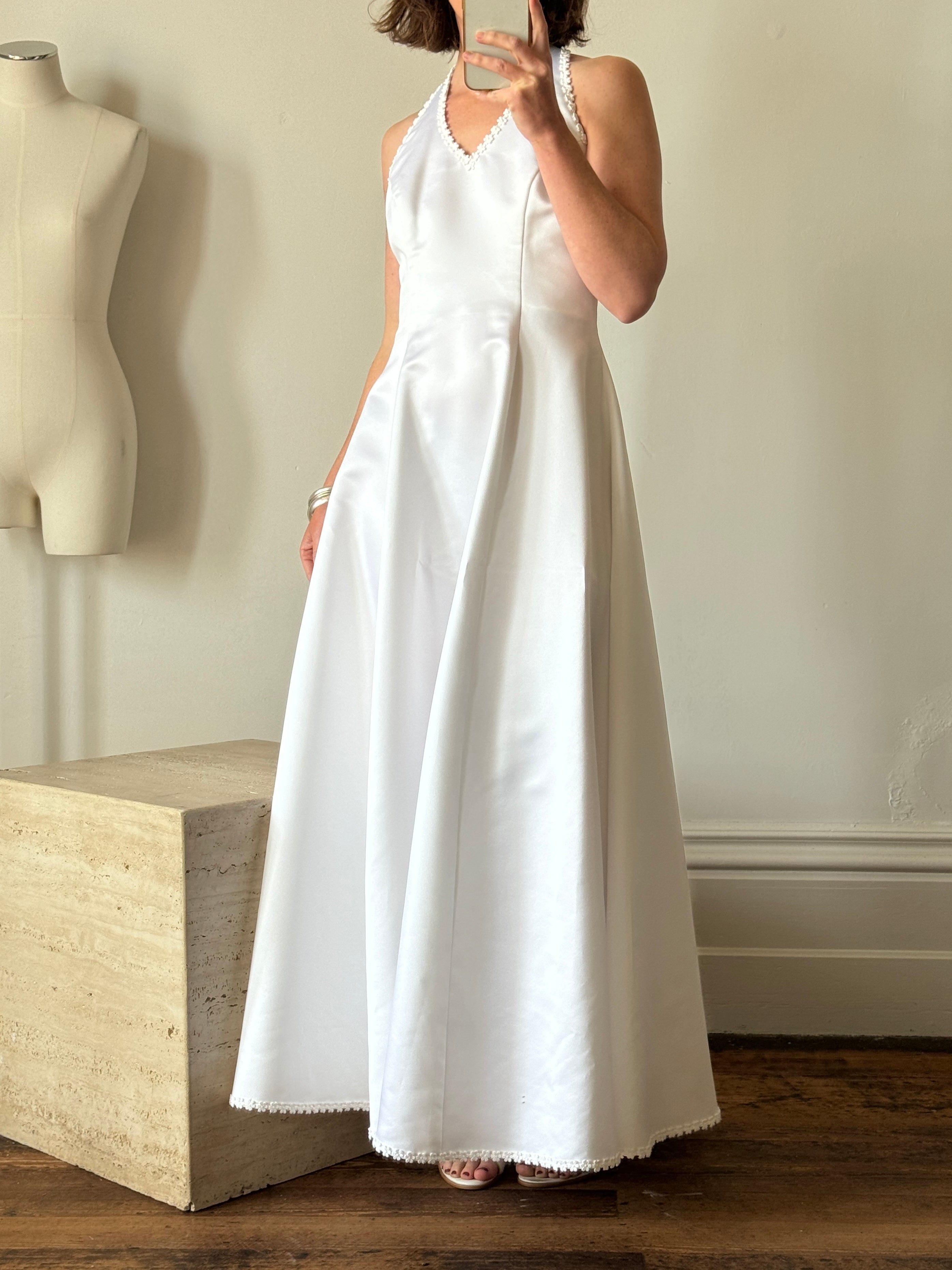 Vintage 90s Satin Halter Wedding Dress With Daisies