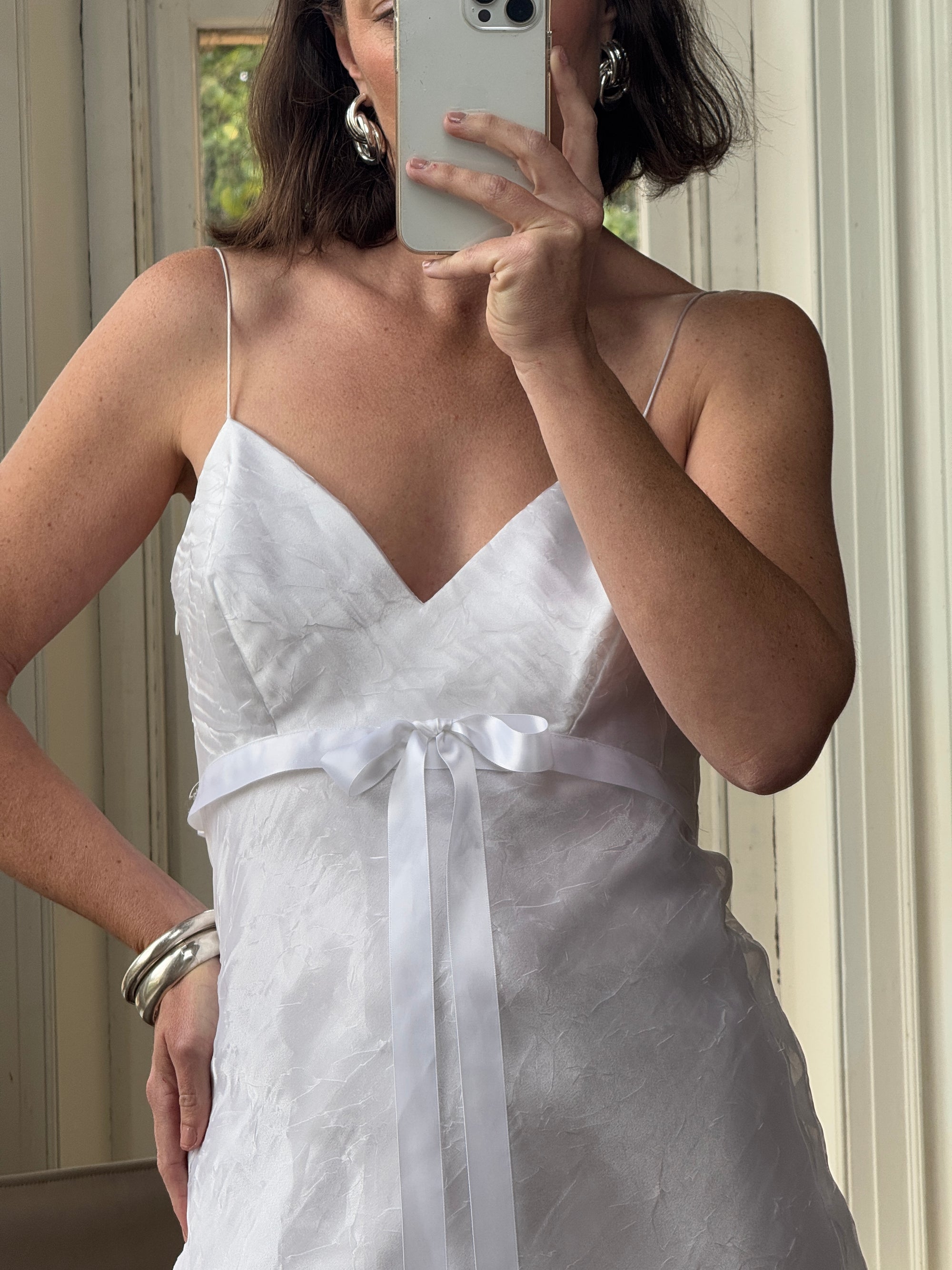 Vintage 90s Crinkle Organza Slip Wedding Dress with Bow White