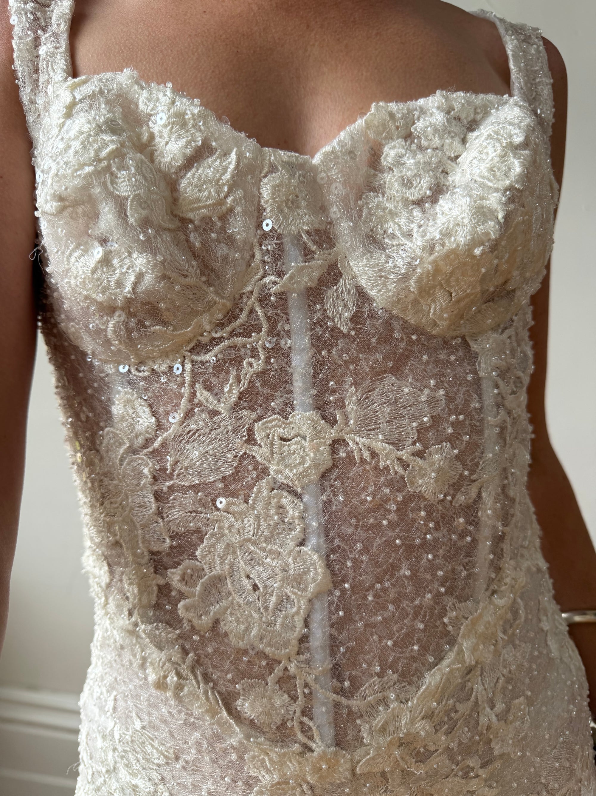 Vintage Y2K Italian Sheer Embroidered Naked Bustier Wedding Gown
