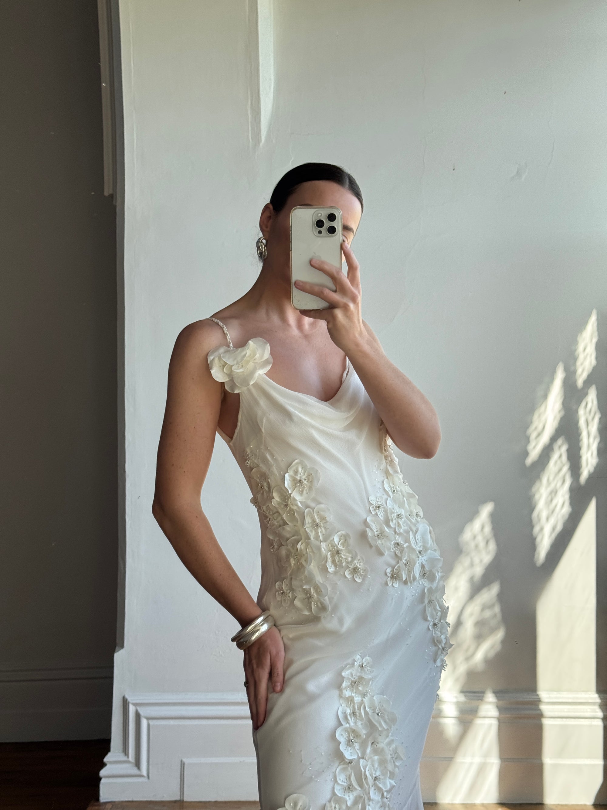 Vintage 90s Pure Silk 3D Floral Fairy Dress Ivory