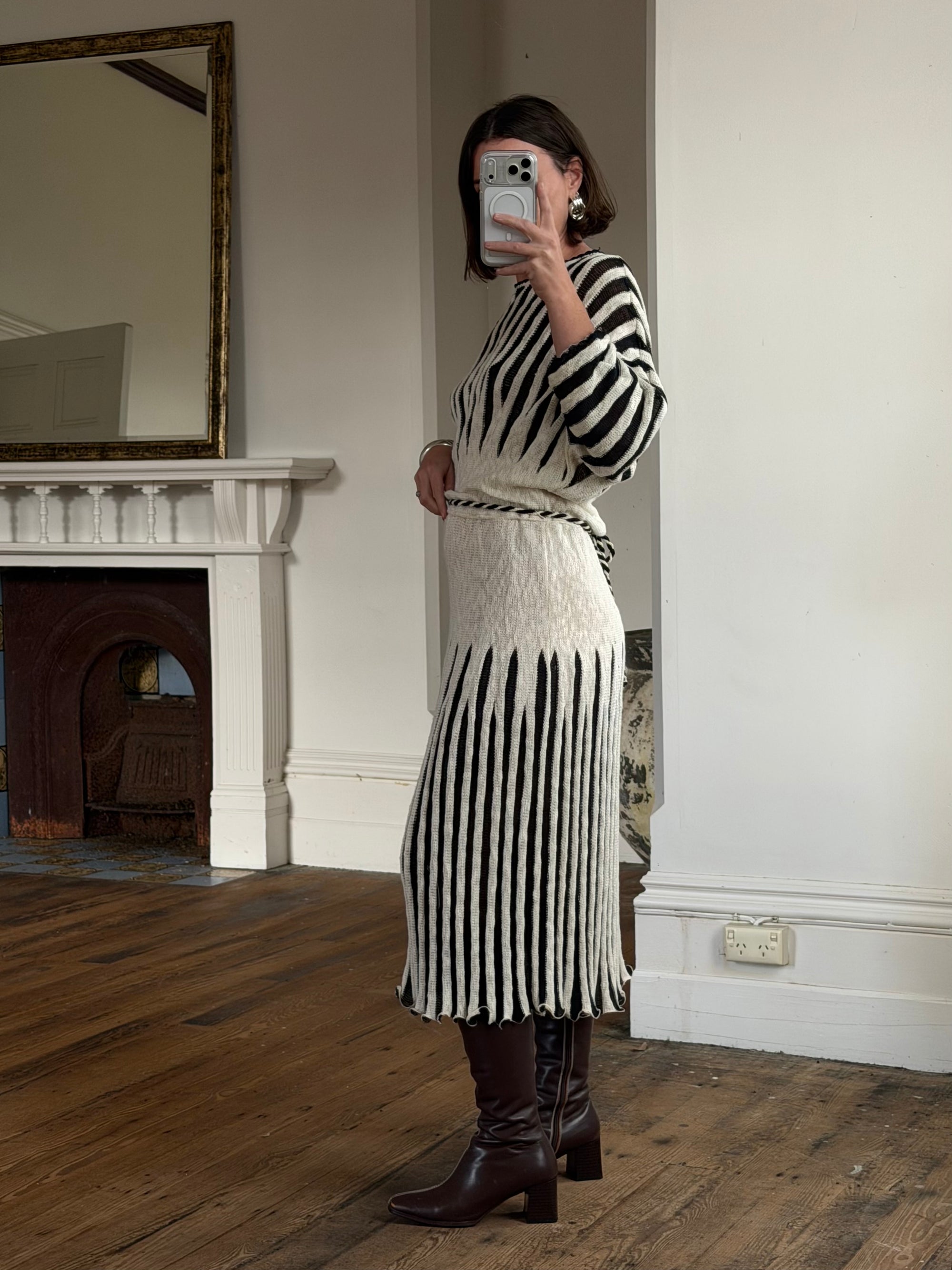 Vintage 70s Knit Batwing Midi Dress Black and Cream