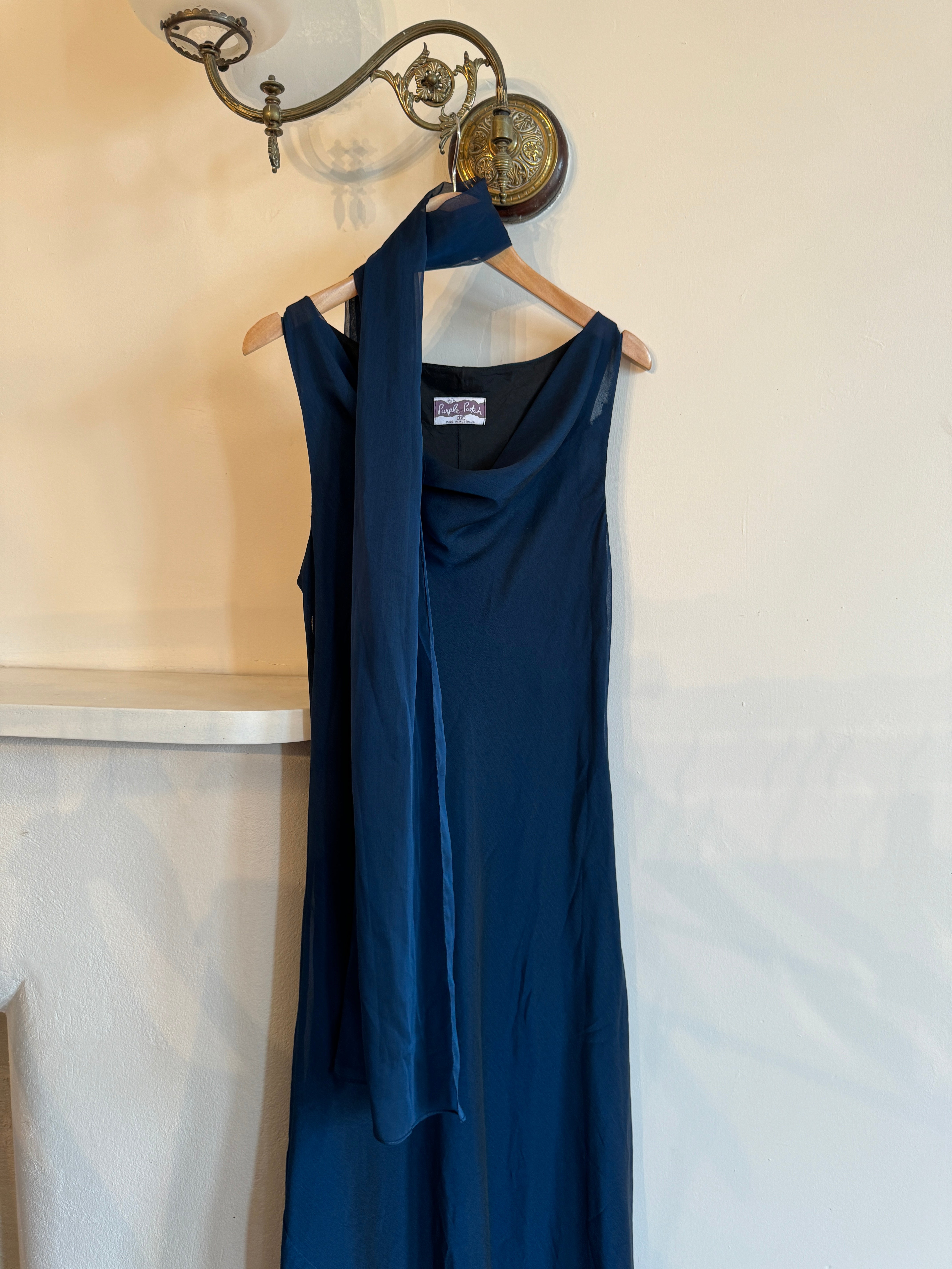 Vintage 90s Navy Cowl Neck Dress with Scarf