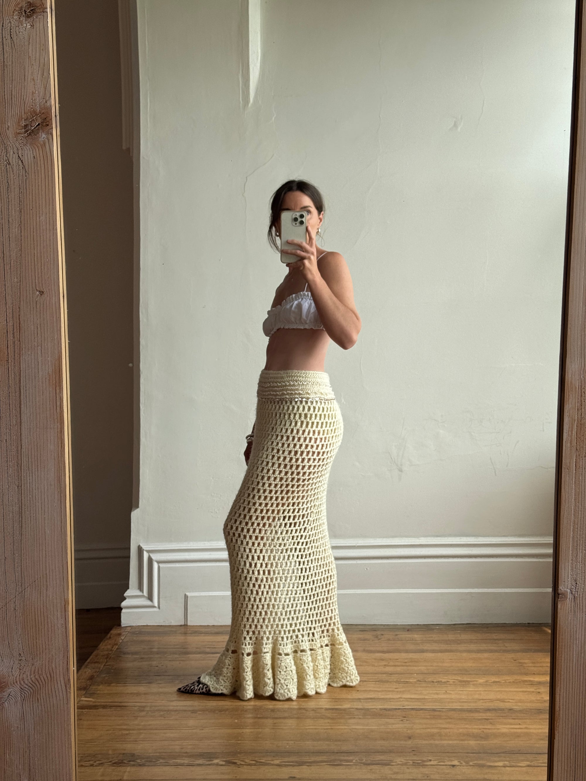 Vintage 70s Wool Crochet Beaded Mermaid Bias Skirt