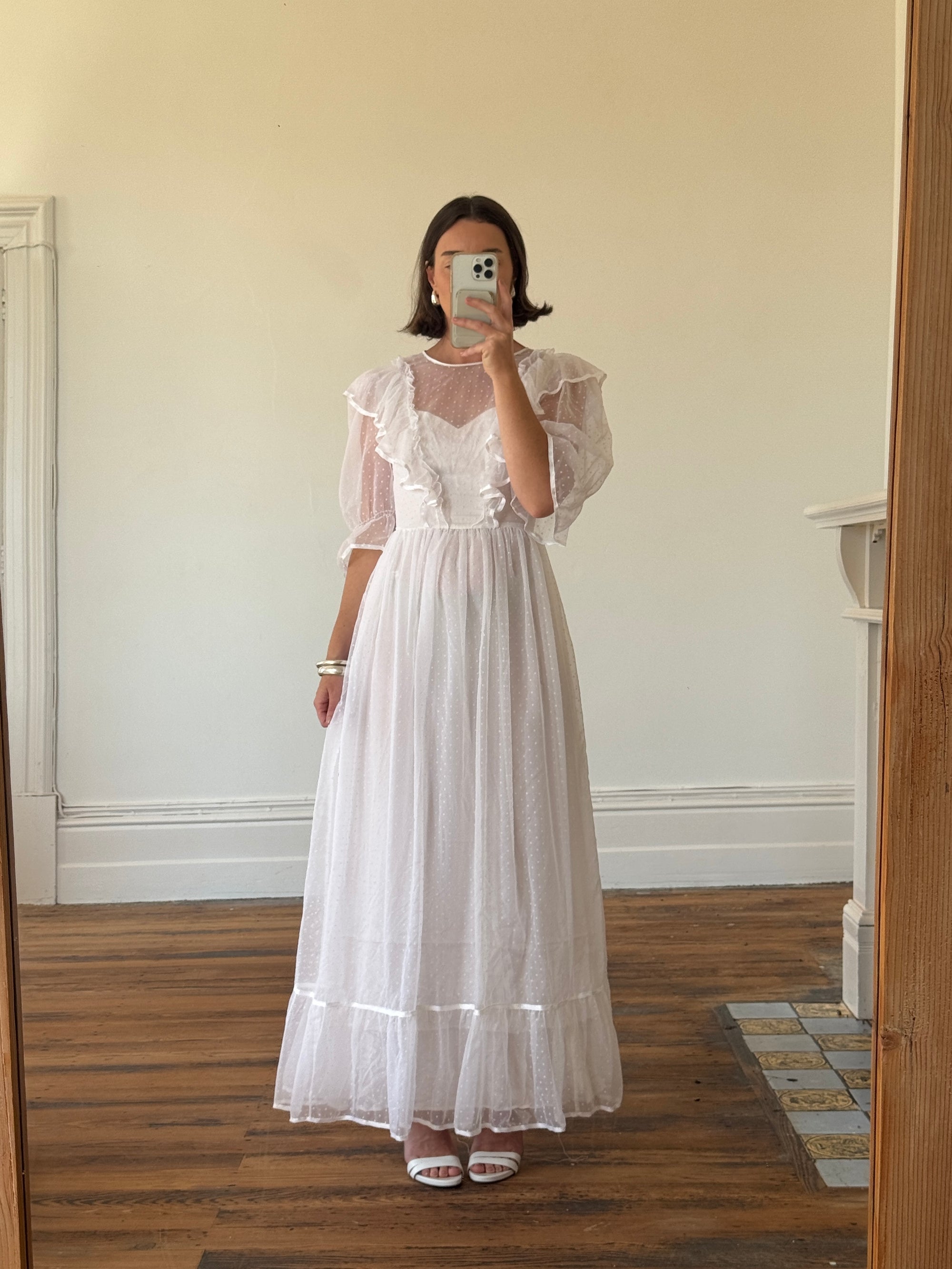 Vintage 70s Polka Chiffon Frill Wedding Dress