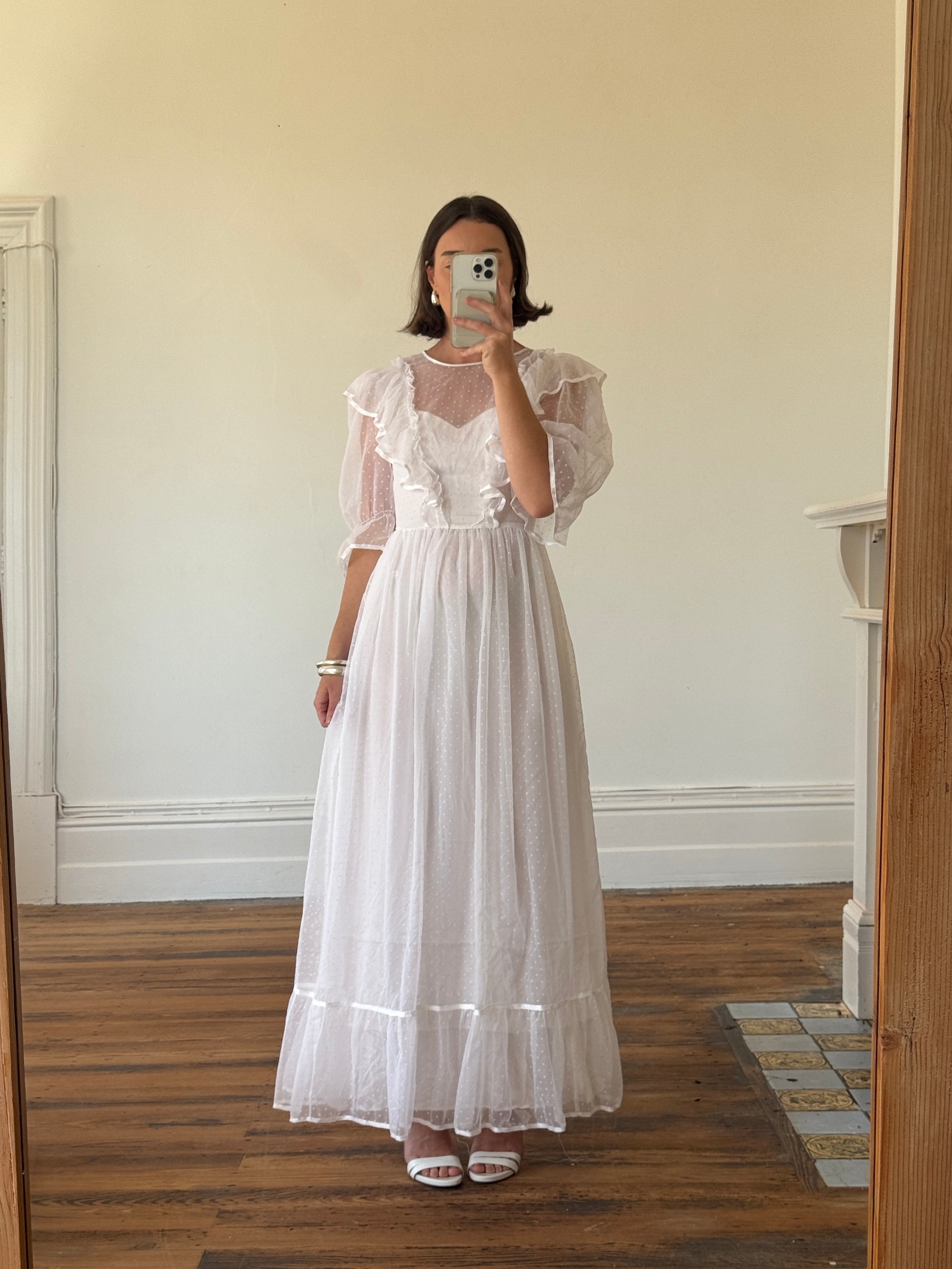 Vintage 70s Polka Chiffon Frill Wedding Dress