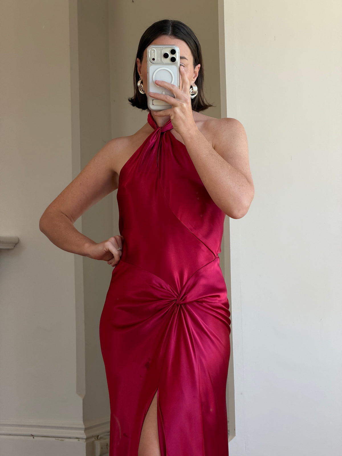 Vintage 90s Crimson Satin Ruched Bias Gown
