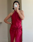 Vintage 90s Crimson Satin Ruched Bias Gown
