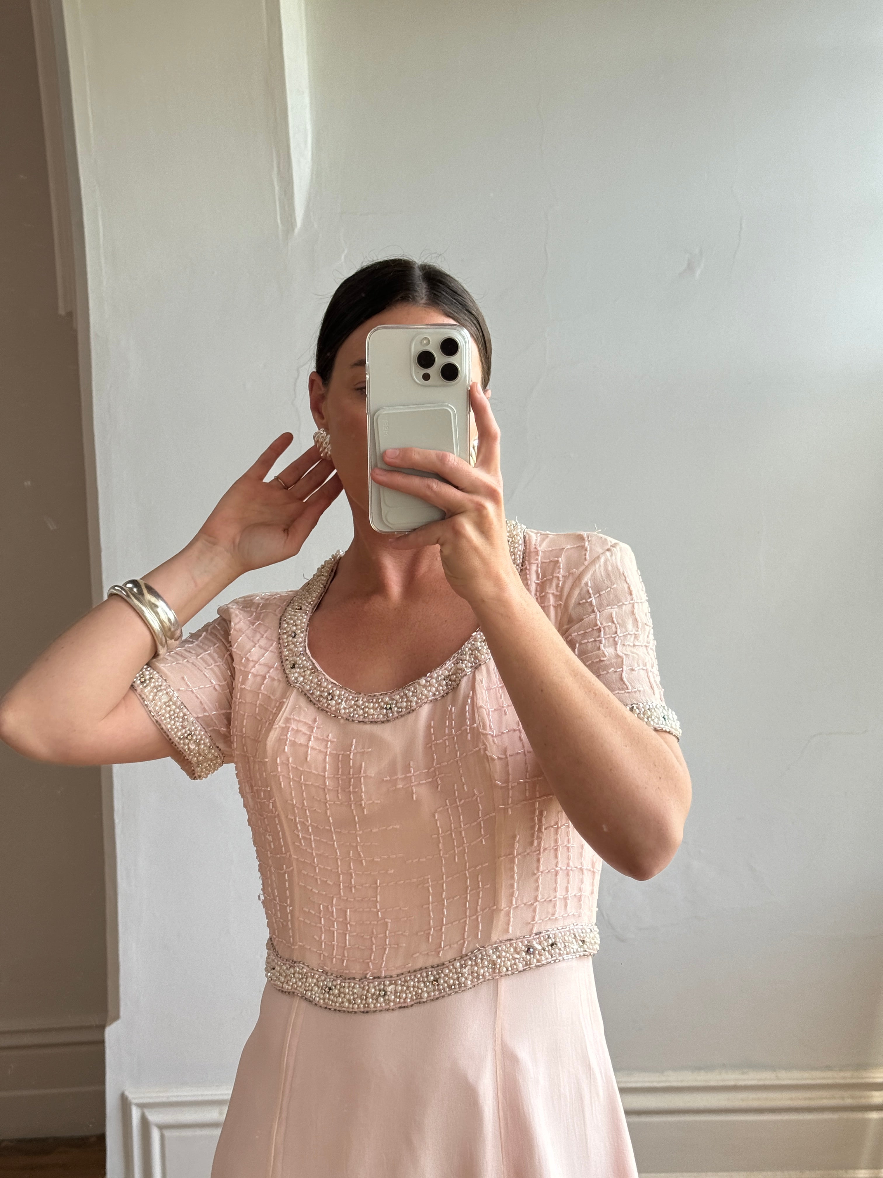 Vintage 80s Baby Pink Pure Silk Embellished Evening Gown