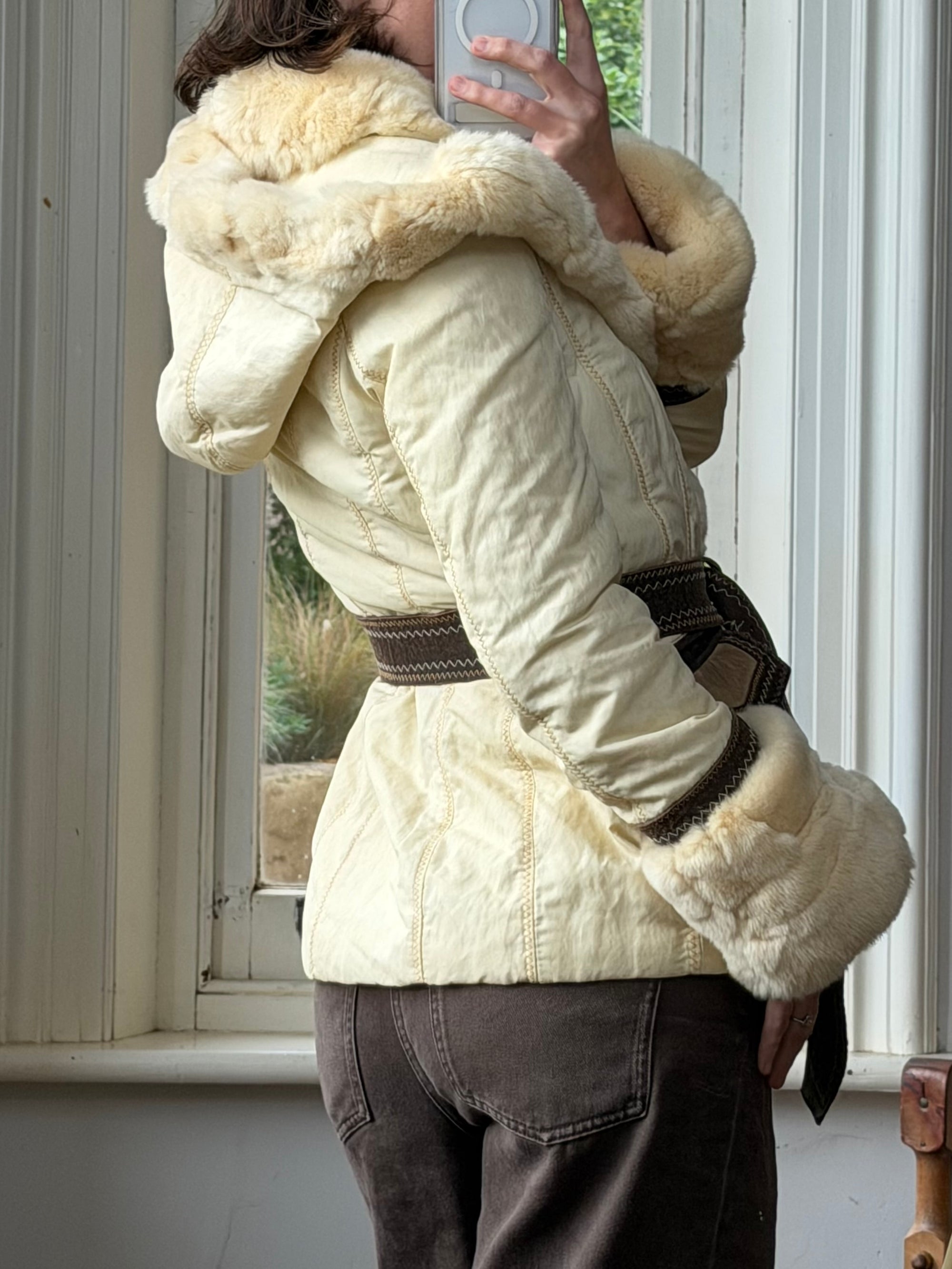 Vintage Y2K Italian Leather and Fur Belted Jacket with Hood