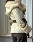 Vintage Y2K Italian Leather and Fur Belted Jacket with Hood