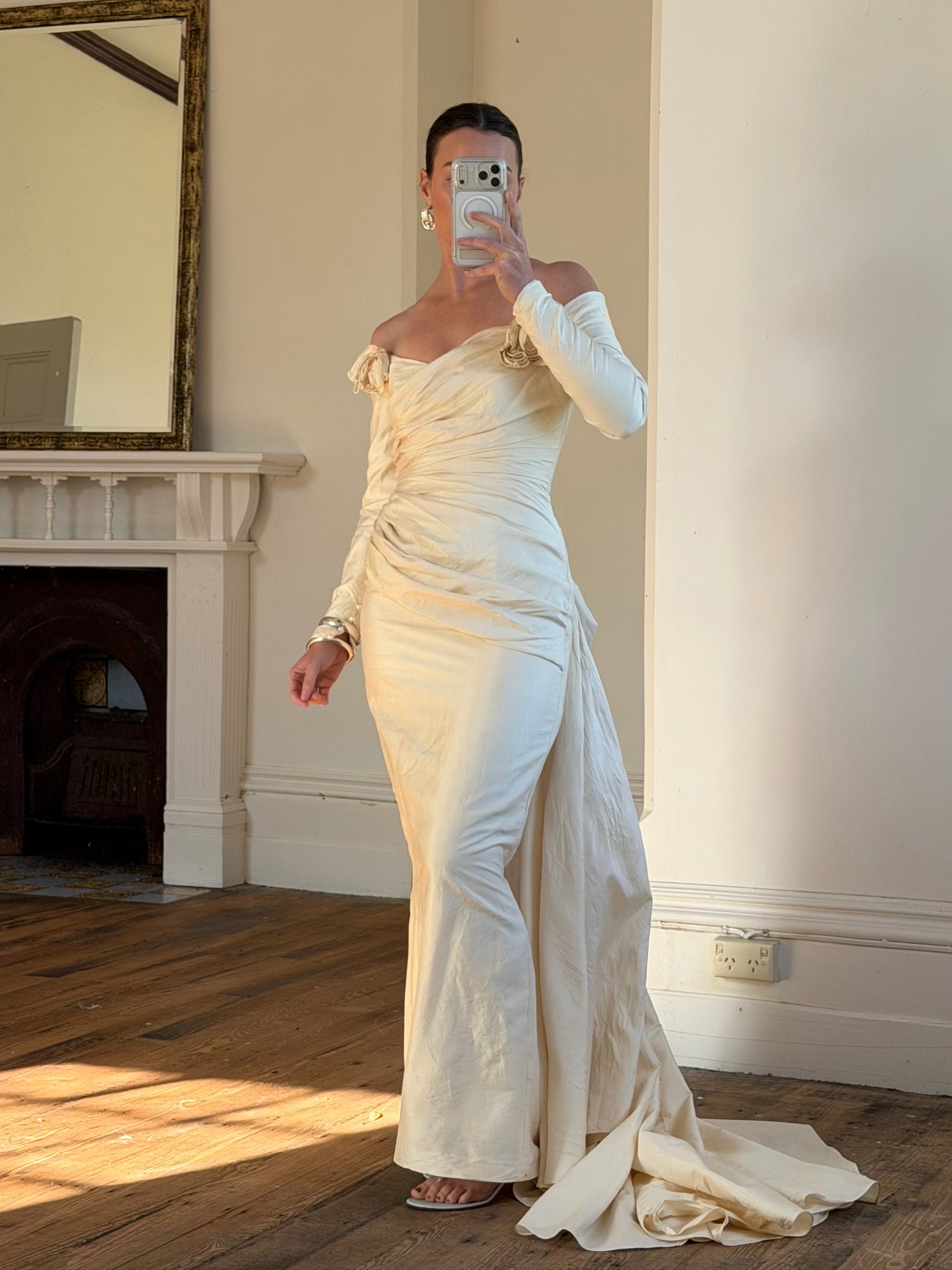 Vintage 90s Silk Rosette Off Shoulder Gown With Bow Train
