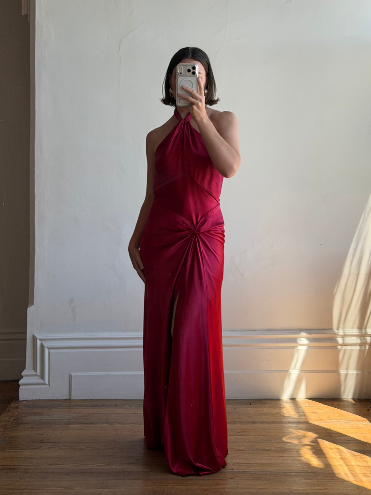 Vintage 90s Crimson Satin Ruched Bias Gown