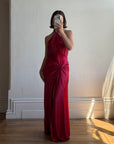 Vintage 90s Crimson Satin Ruched Bias Gown