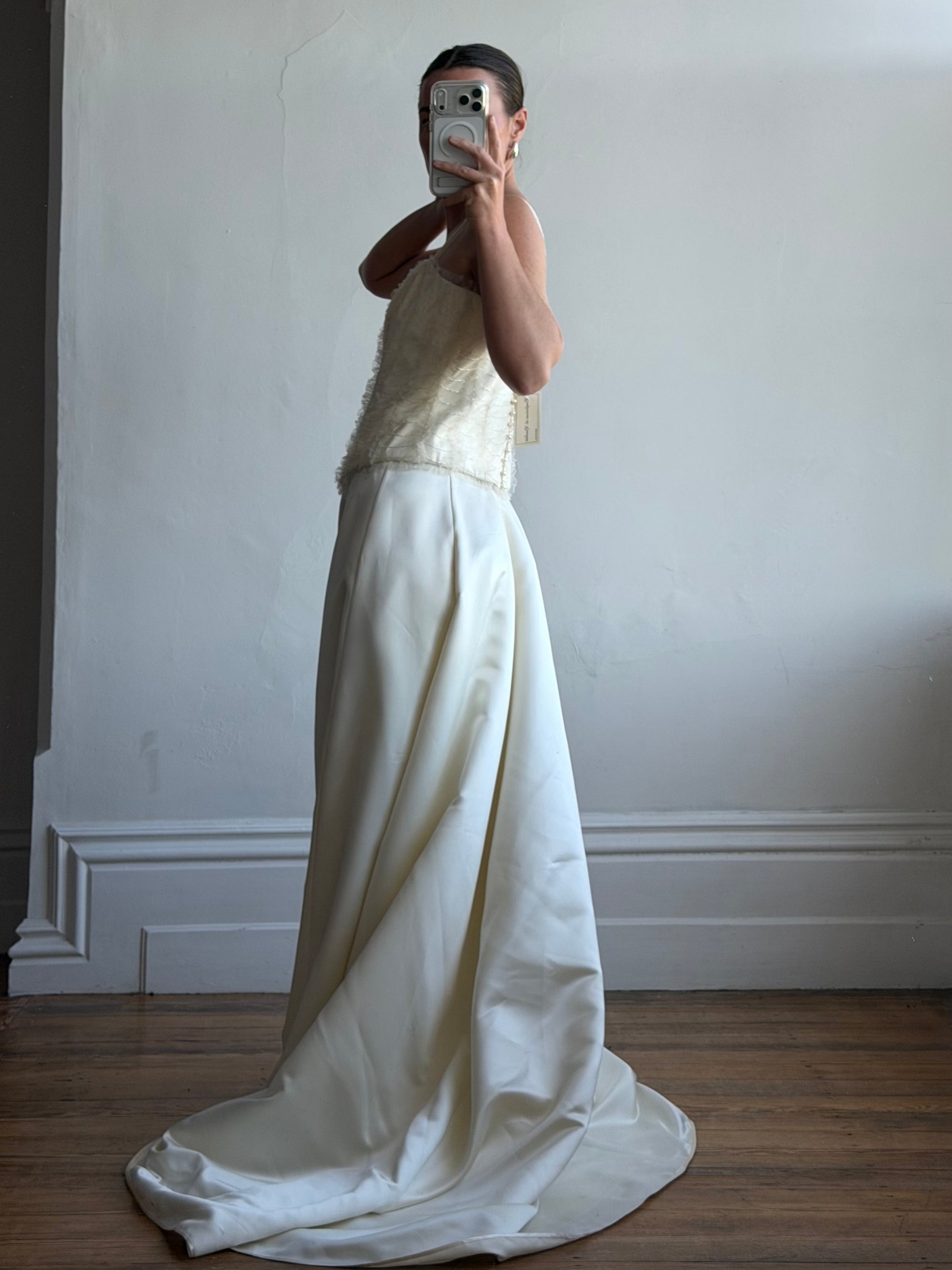 Vintage 90s Italian Bridal Fairy Tulle Embroidered Bustier and Satin Skirt