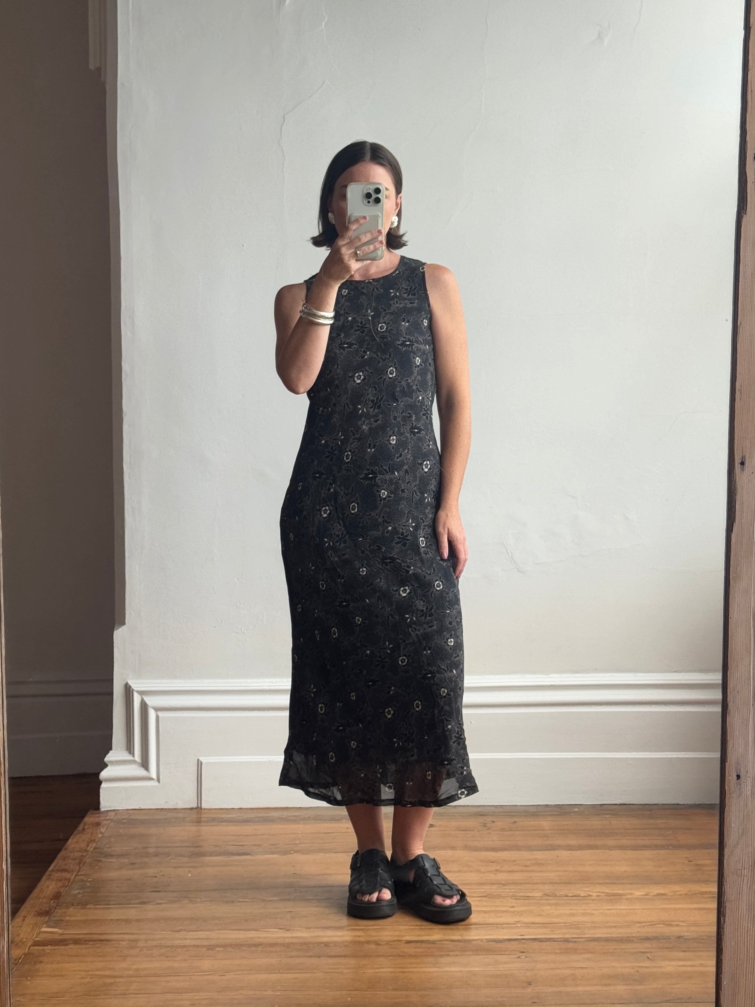 Vintage 90s Bias Cut Day Dress Black Floral