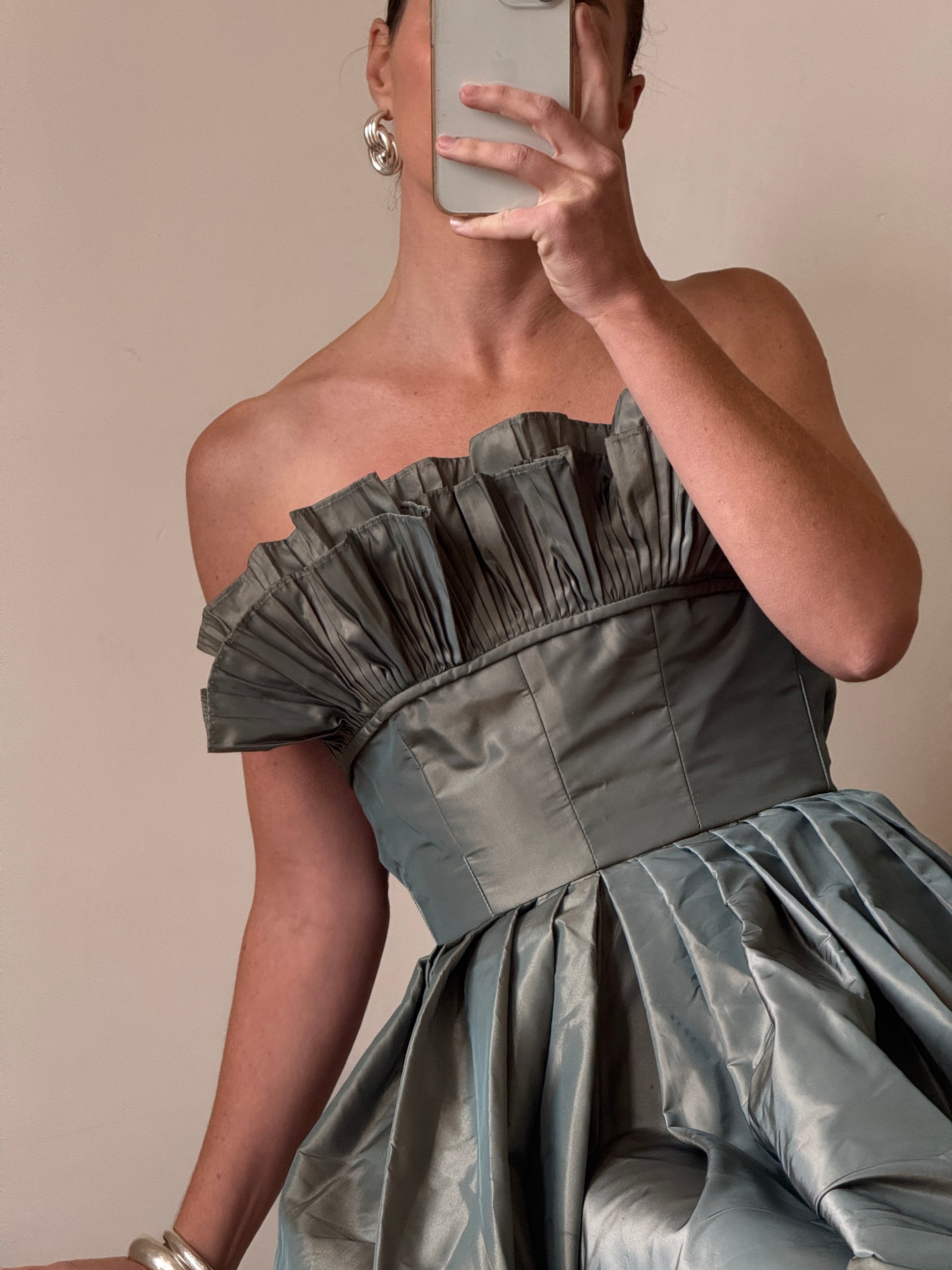 Vintage 80s Taffeta Pleated Strapless Gown Slate