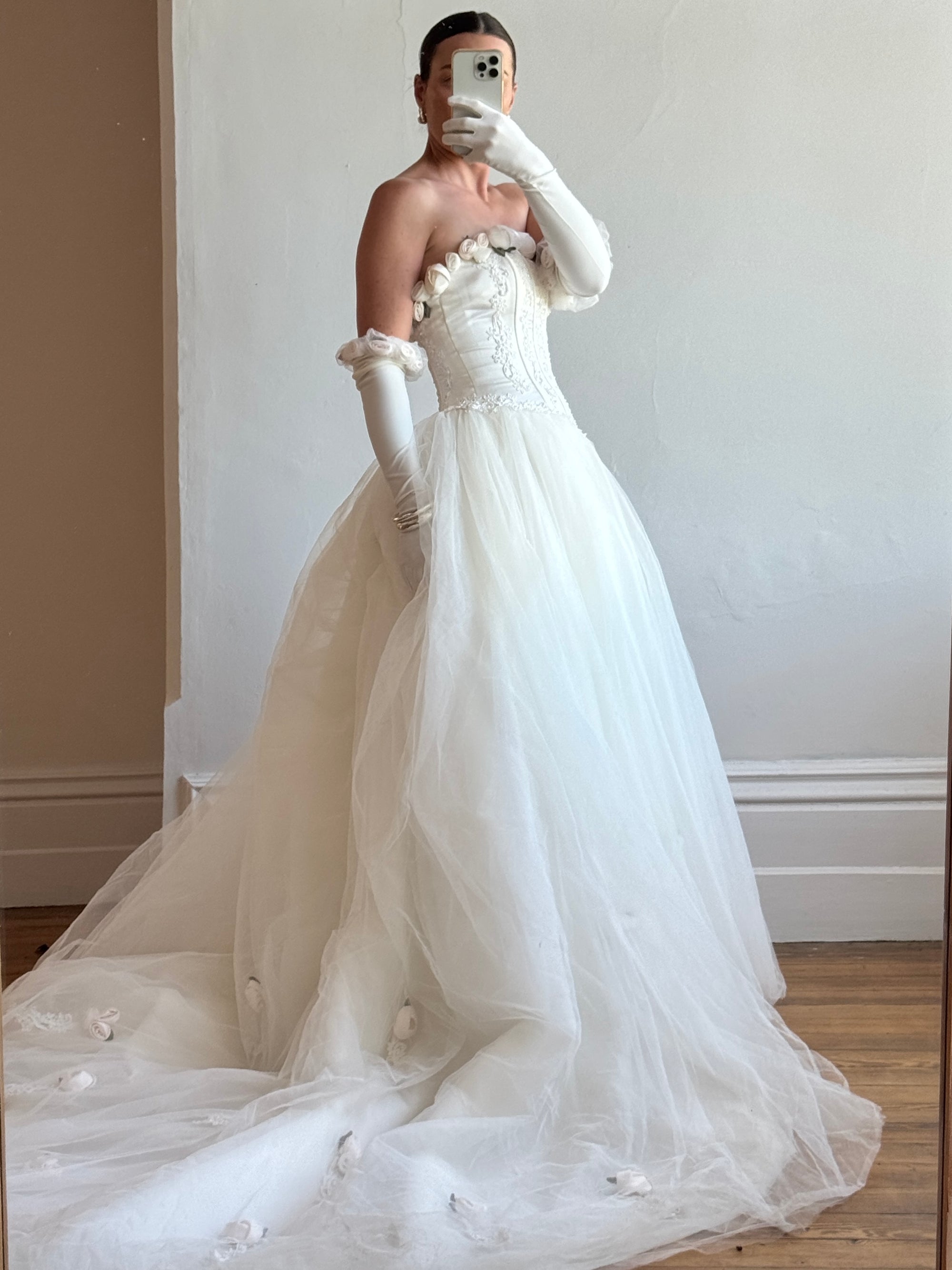 Vintage 90s Rosette Tulle Princess Wedding Gown with Gloves