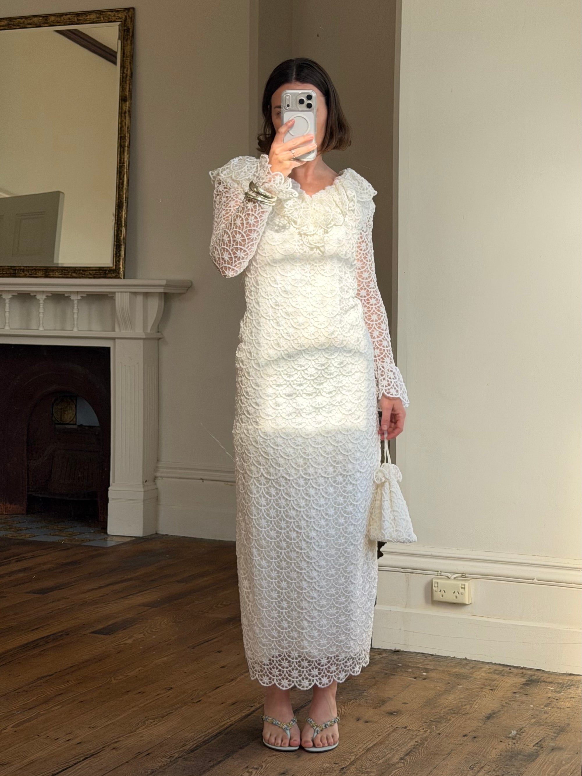 Vintage 90s Italian Crochet Column Frill Dress with Matching Bag