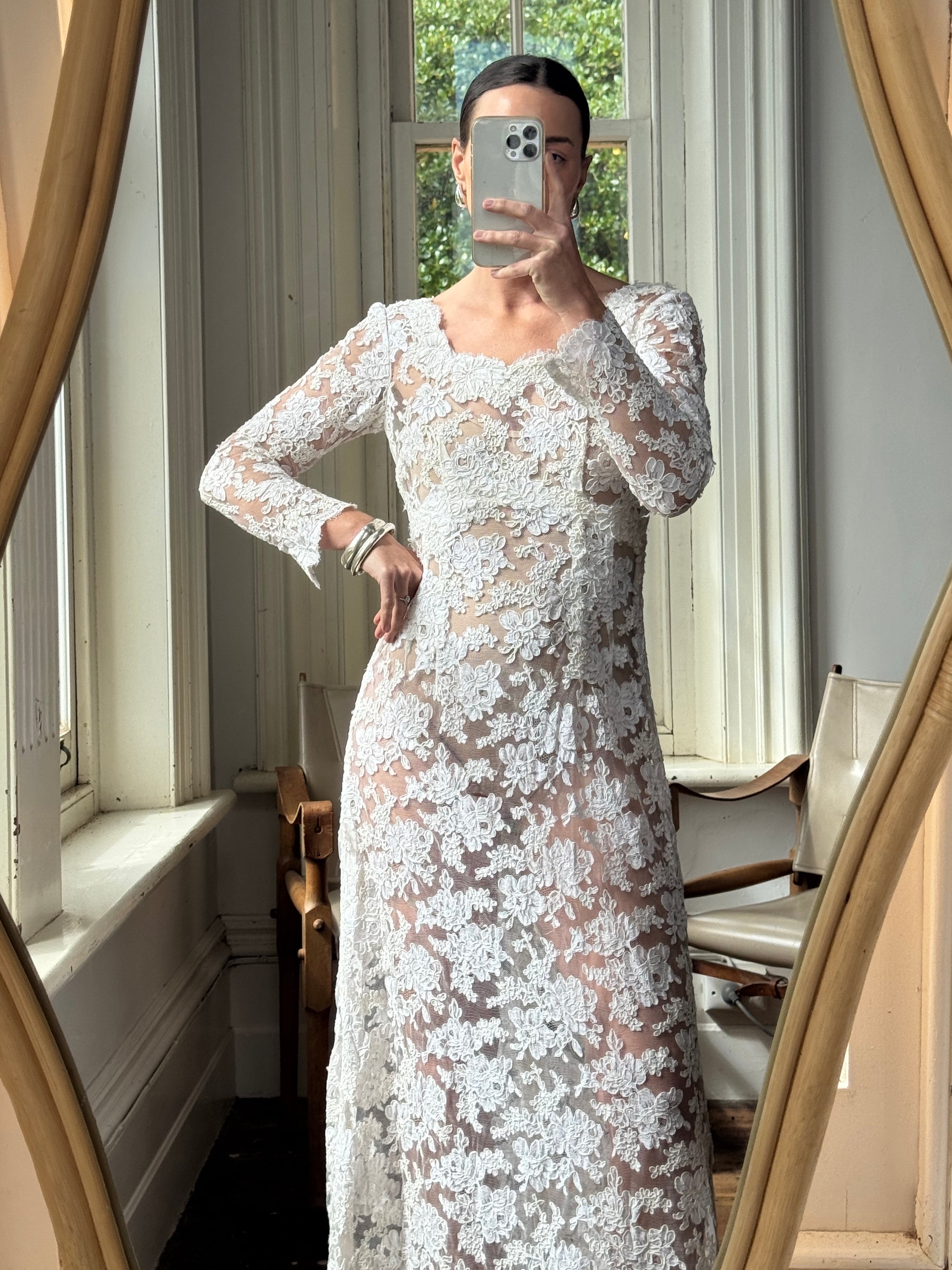 Vintage 60s Guipure Lace Long Sleeve Wedding Gown with Train