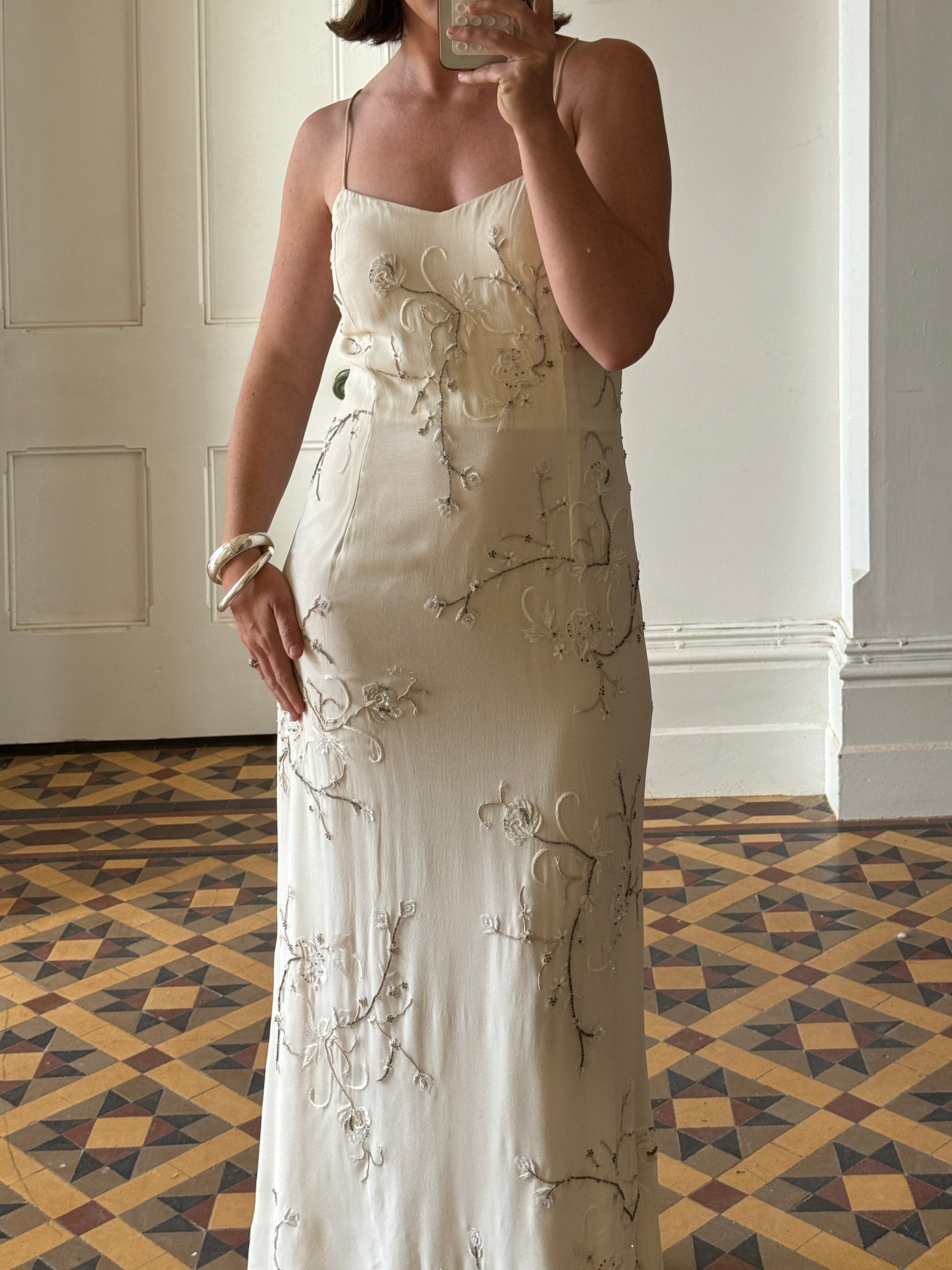 Vintage 90s Pure Silk Slip Embellished Gown