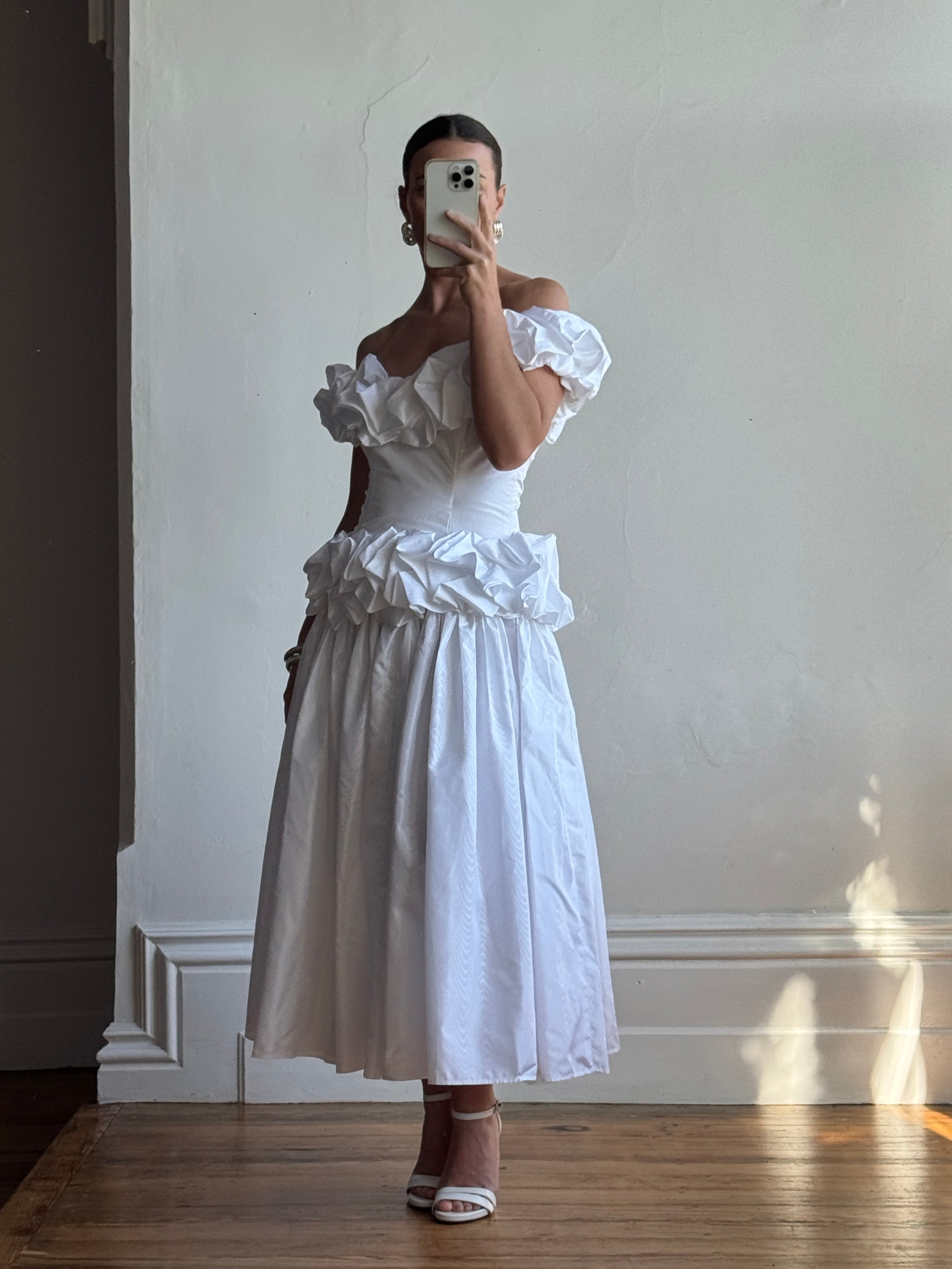 Vintage 80s Taffeta Ruffle Off Shoulder Wedding Dress