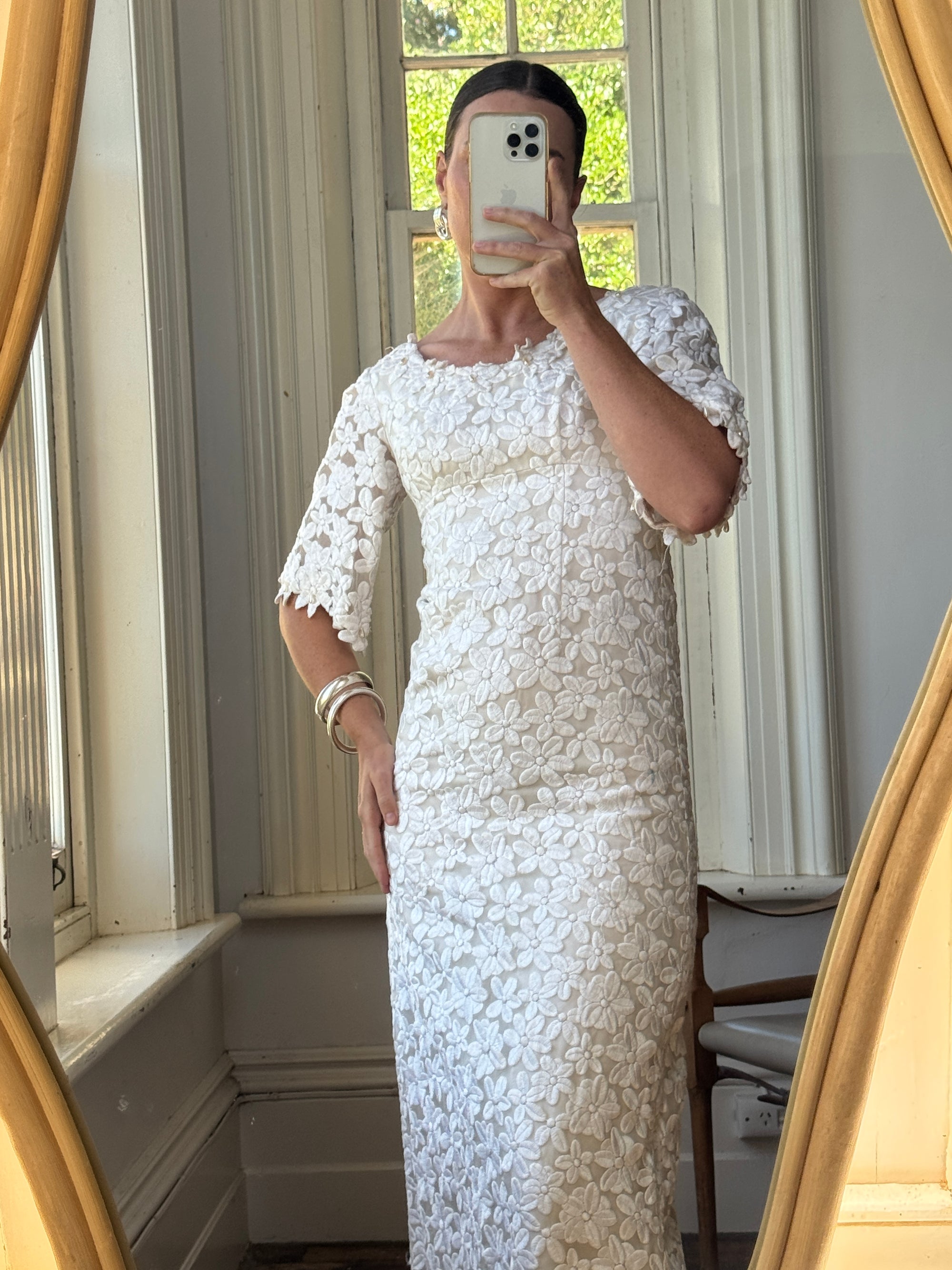 Vintage 60s Embroidered Floral Bridal Midi