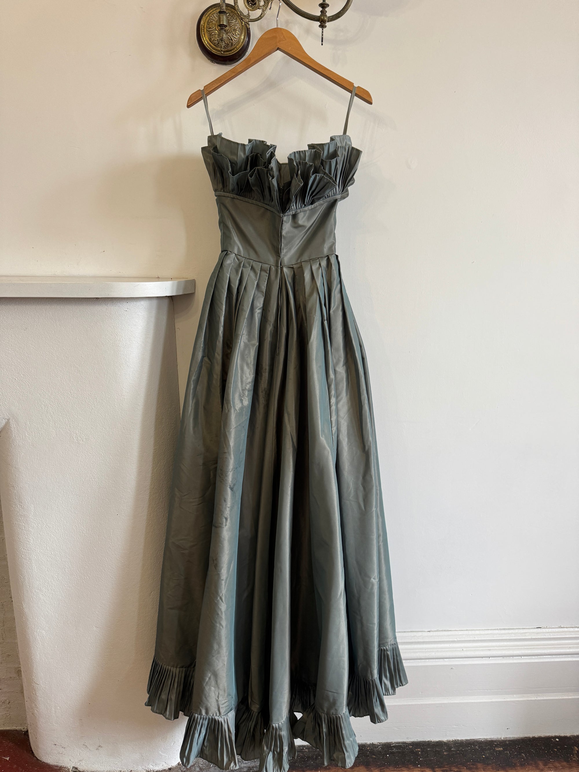 Vintage 80s Taffeta Pleated Strapless Gown Slate