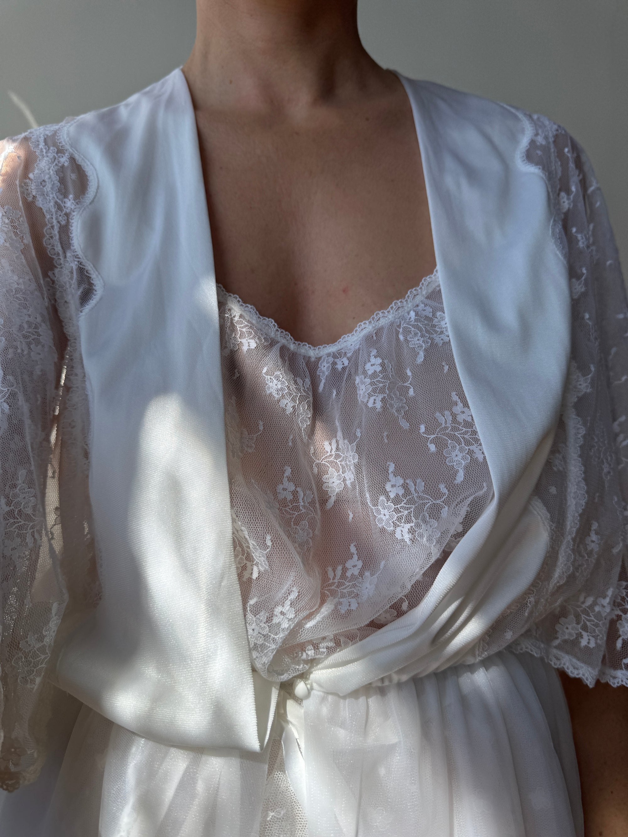 Vintage 80s Lace Peignoir and Slip Set