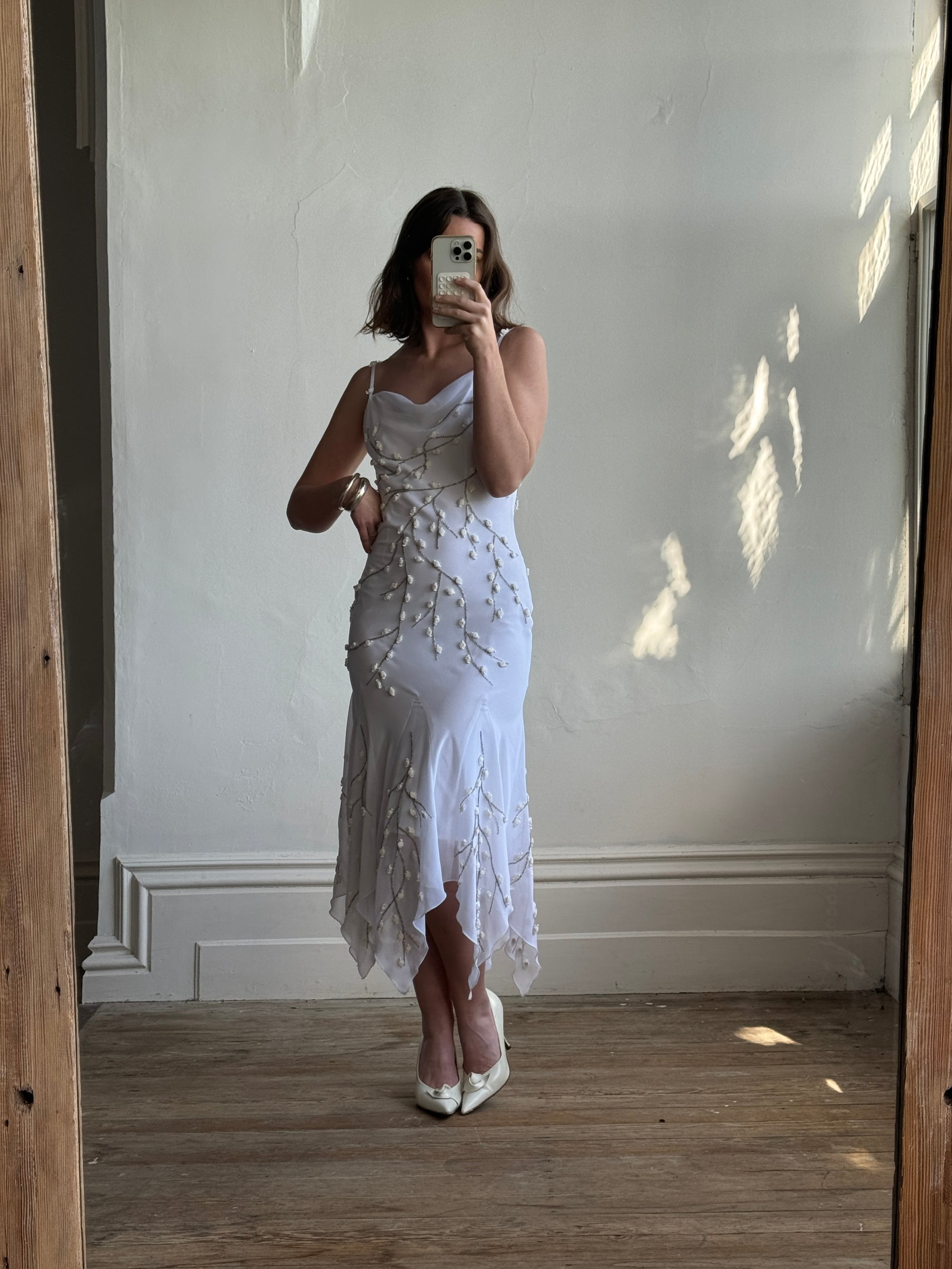 Vintage 90s Fairy Cowl Neck Wedding Dress With Hand Beaded Vine Embroidery