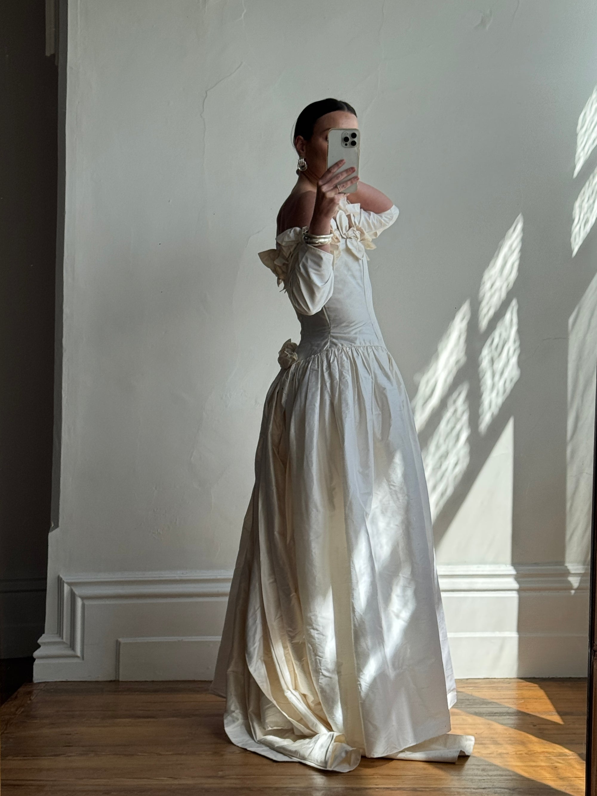 Vintage 80s Pure Silk Rosette Off Shoulder Gown