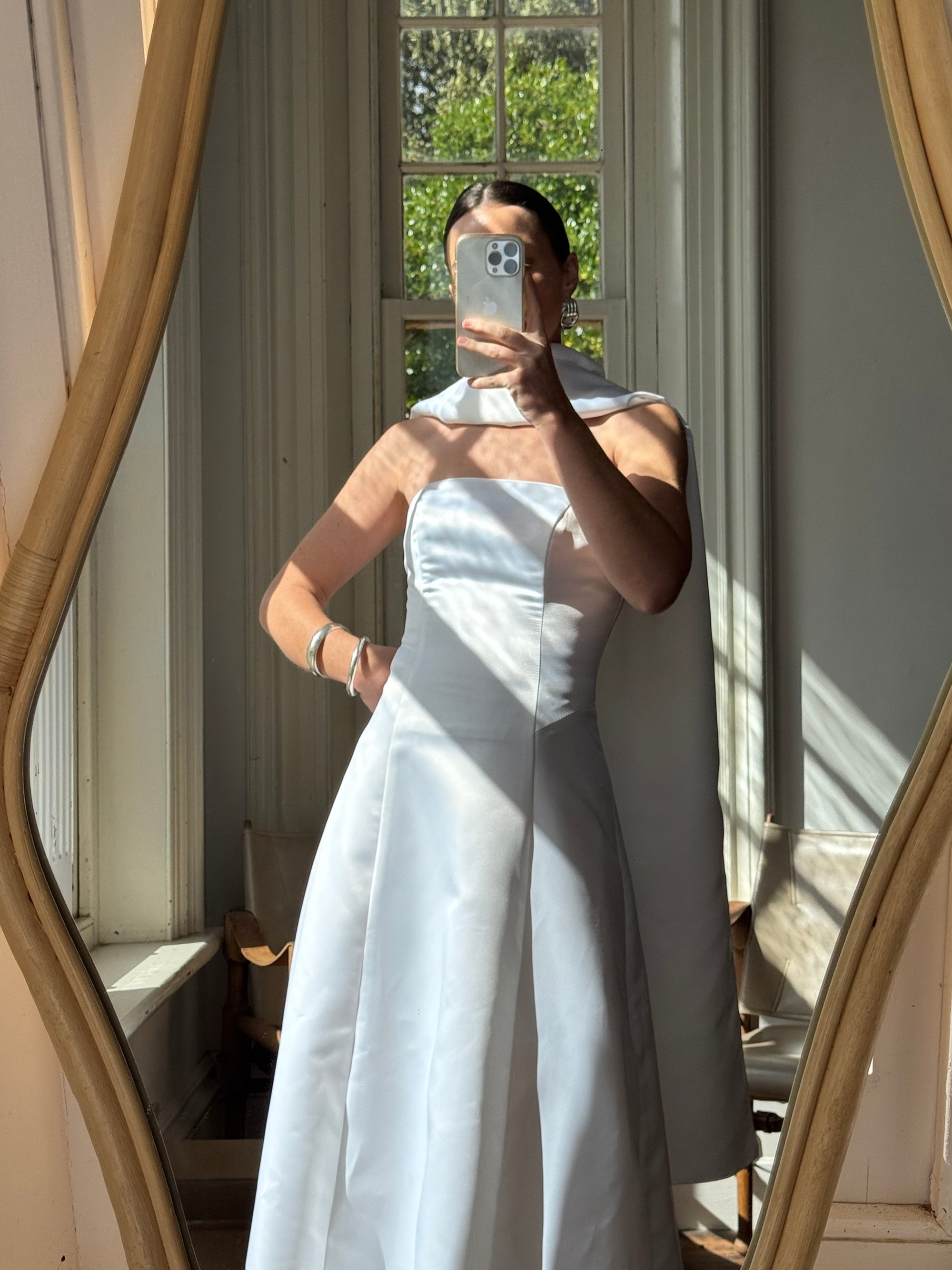 Vintage 90s A-Line Strapless Satin Wedding Dress with Shawl