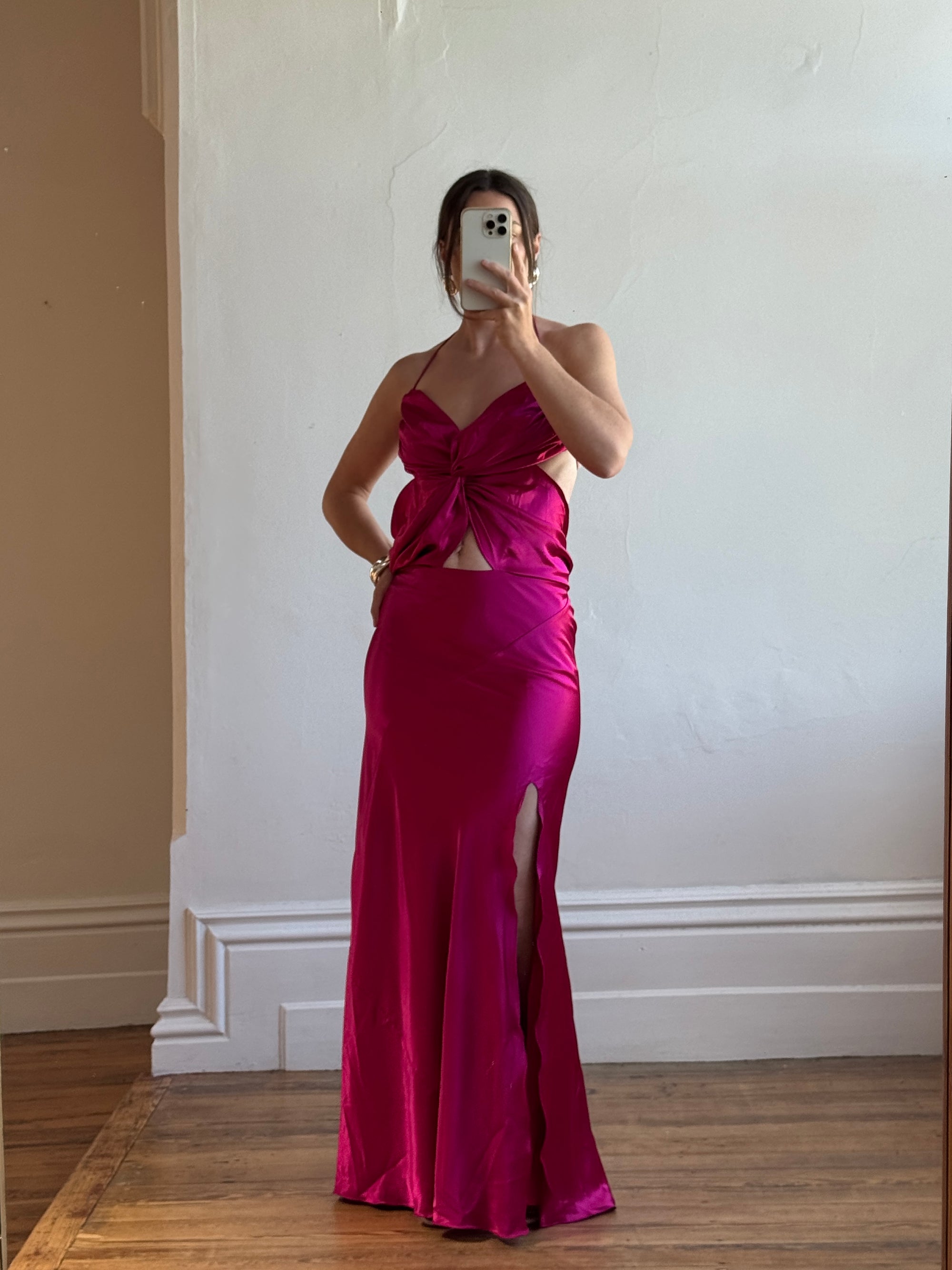 Vintage 90s Butterfly Fuchsia Silk Maxi Dress