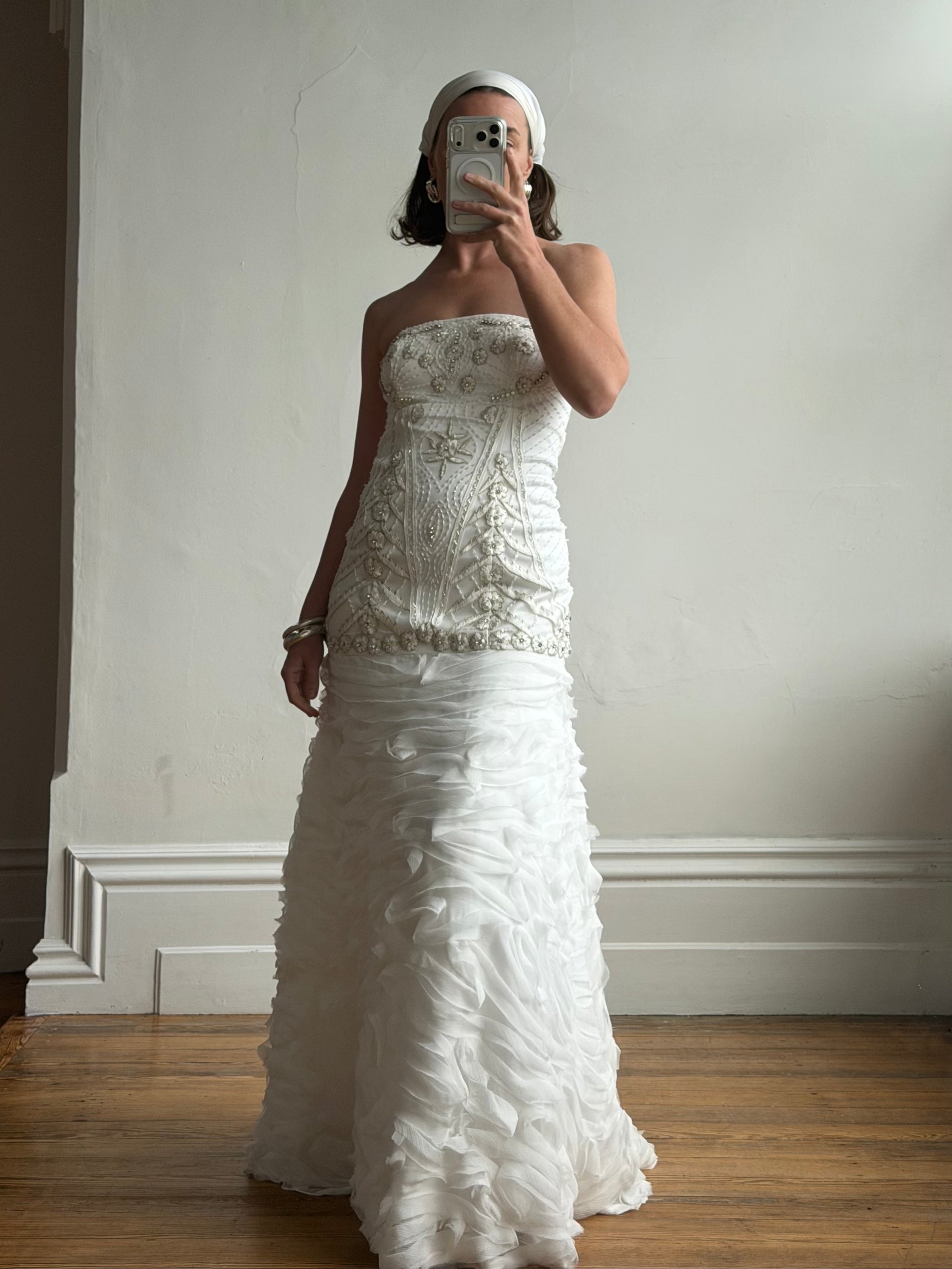 Vintage 90s Strapless Embellished Ruffled Wedding Gown